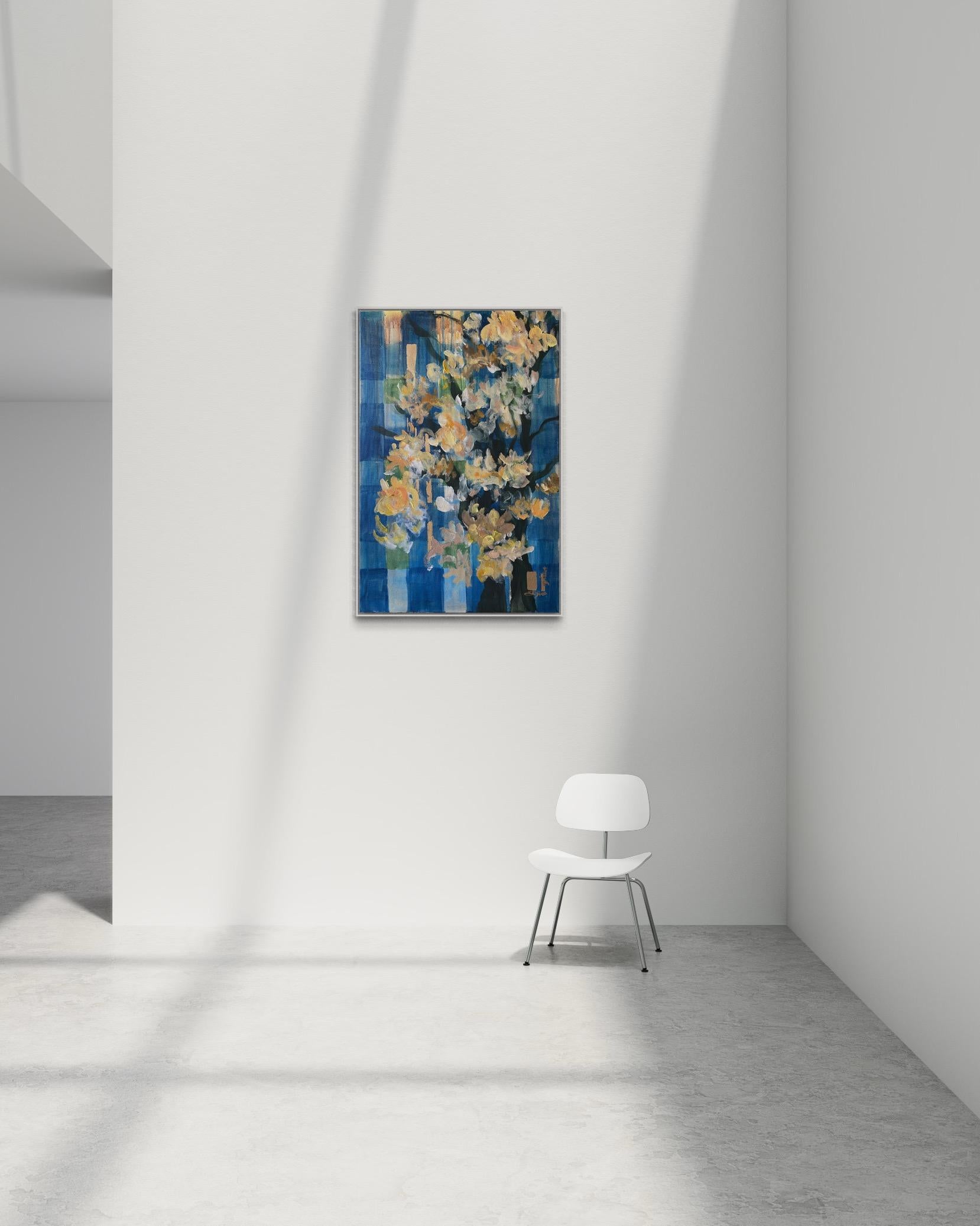 Olio originale con cornice grande-Magnolias-Feat. Tartan scozzese-Artista britannico premiato - Painting di Shizico Yi