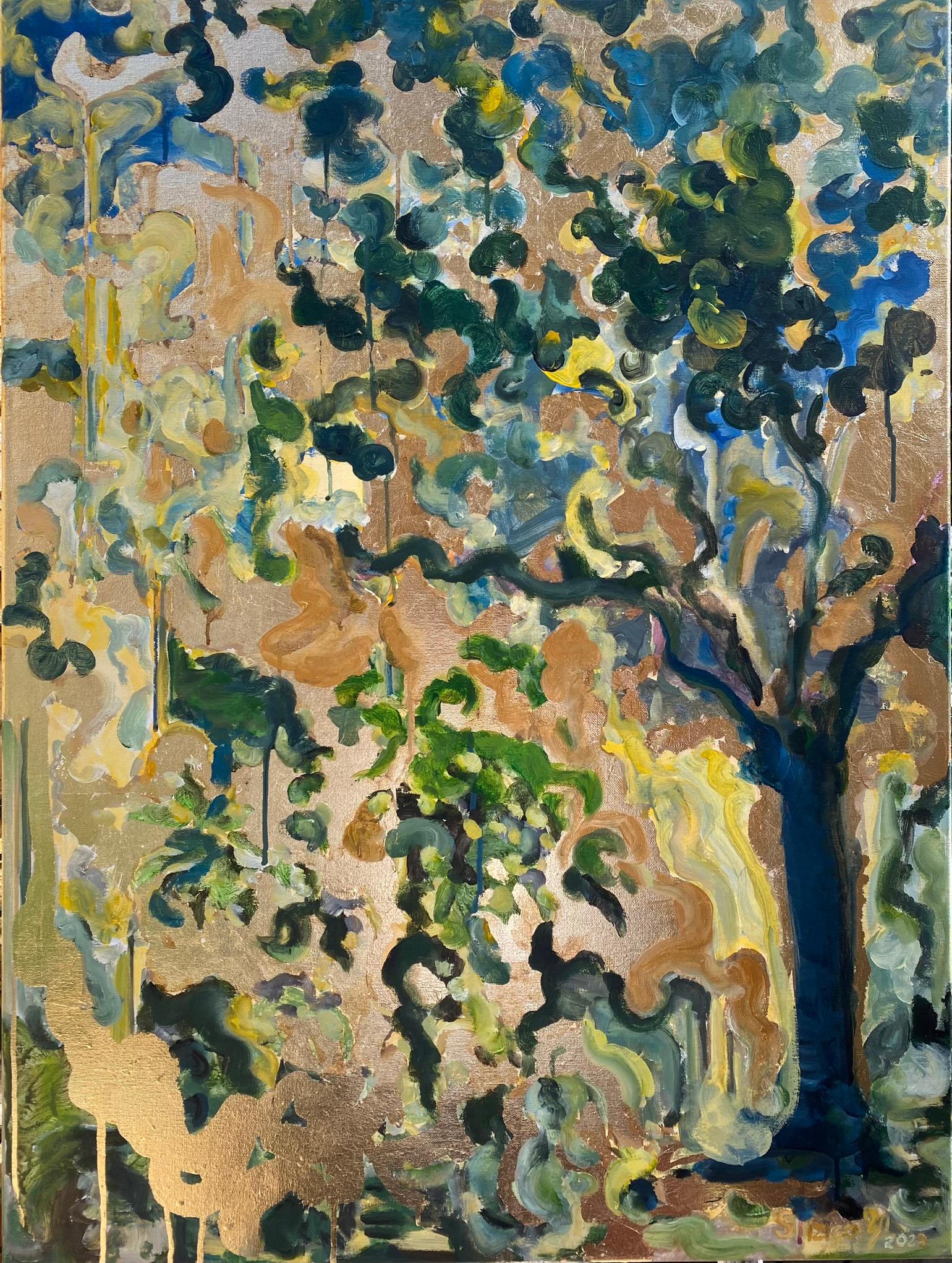 Original Oil-Large-Sunlit Series-Landscape Memory, Gold leaf, UK Awarded Artist