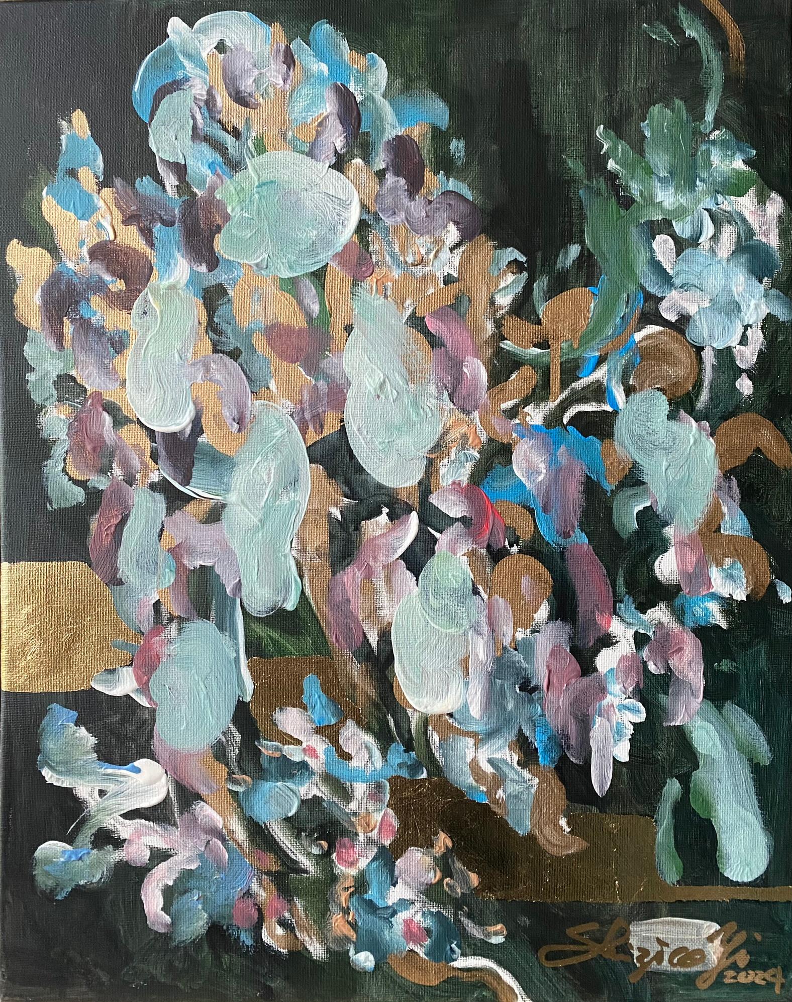 Midnight Jasmine, huile originale avec feuille d'or, artiste britannique récompensé