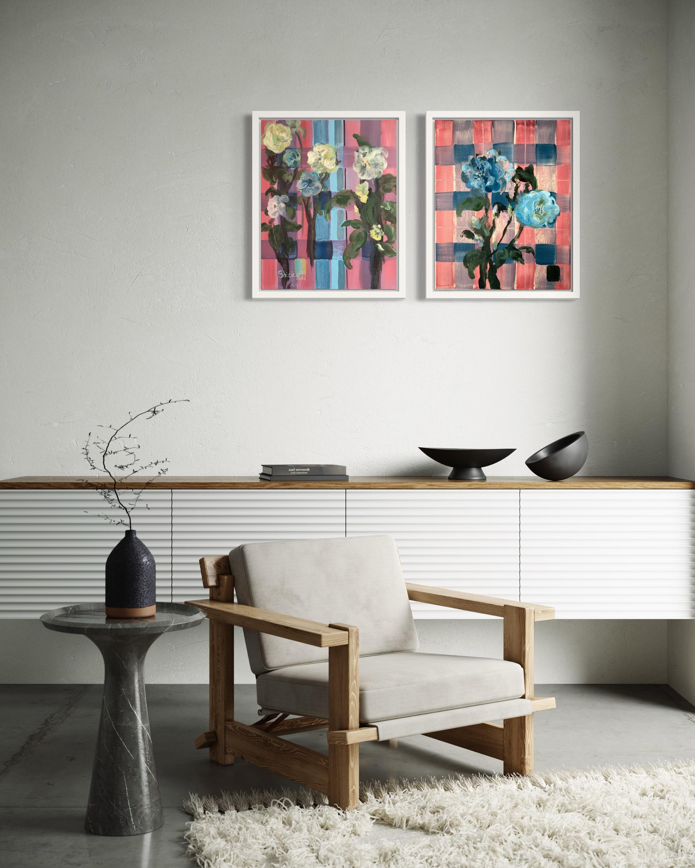 The original Set of two oil paintings of the Weaver Series featuring Scottish Tartan and camellias. In spired by the patterns of her beloved family Tartans, Shizico weaves flora Camellias and the timeless essence of Tartan into a visual dance of the