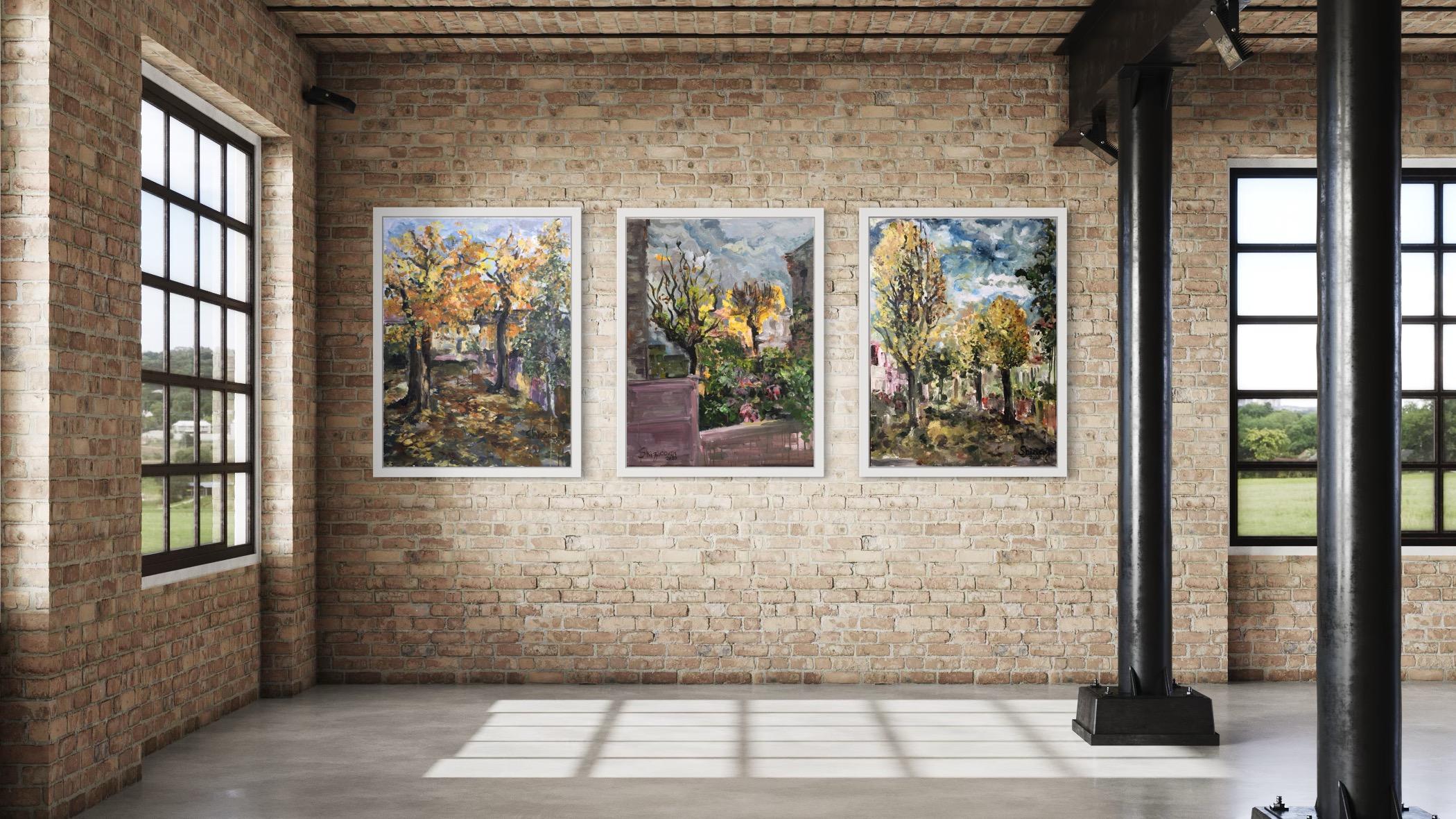 Trittico originale-Autunno a Londra-plein air-Artista britannico premiato -Oliri di grandi dimensioni - Painting di Shizico Yi