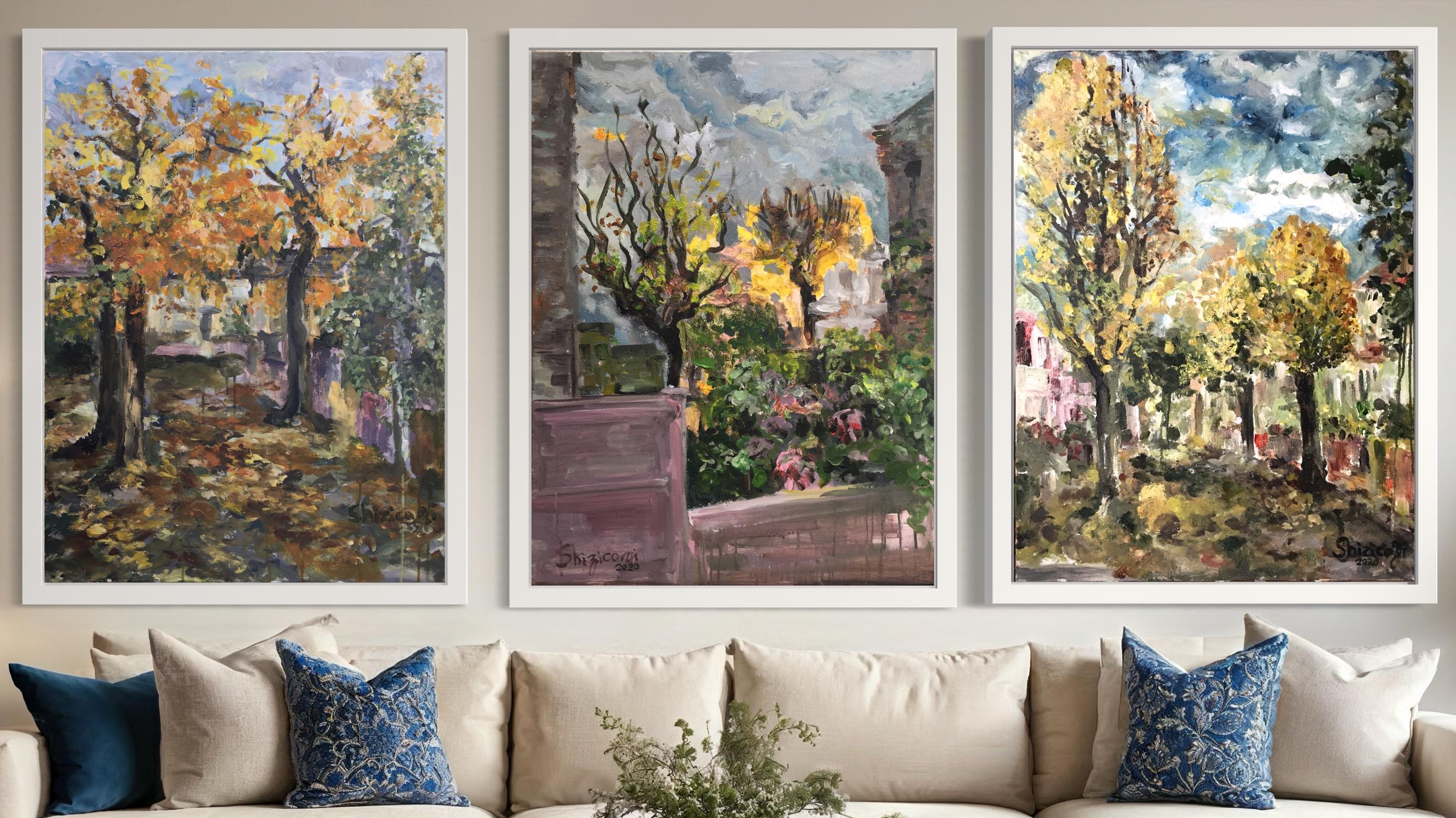 Trittico originale-Autunno a Londra-plein air-Artista britannico premiato -Oliri di grandi dimensioni - Painting Postimpressionismo di Shizico Yi