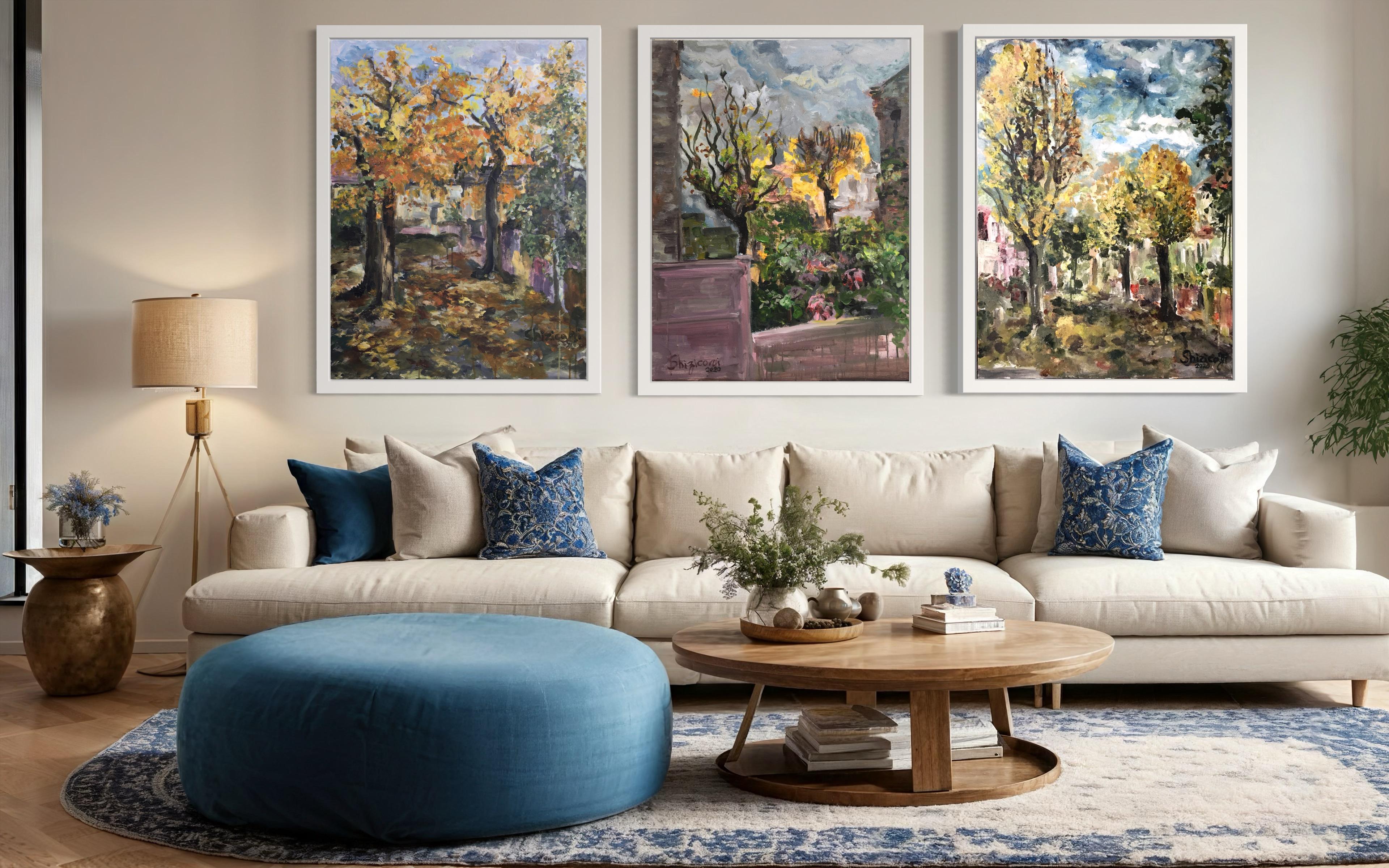 Trittico originale-Autunno a Londra-plein air-Artista britannico premiato -Oliri di grandi dimensioni in vendita 7