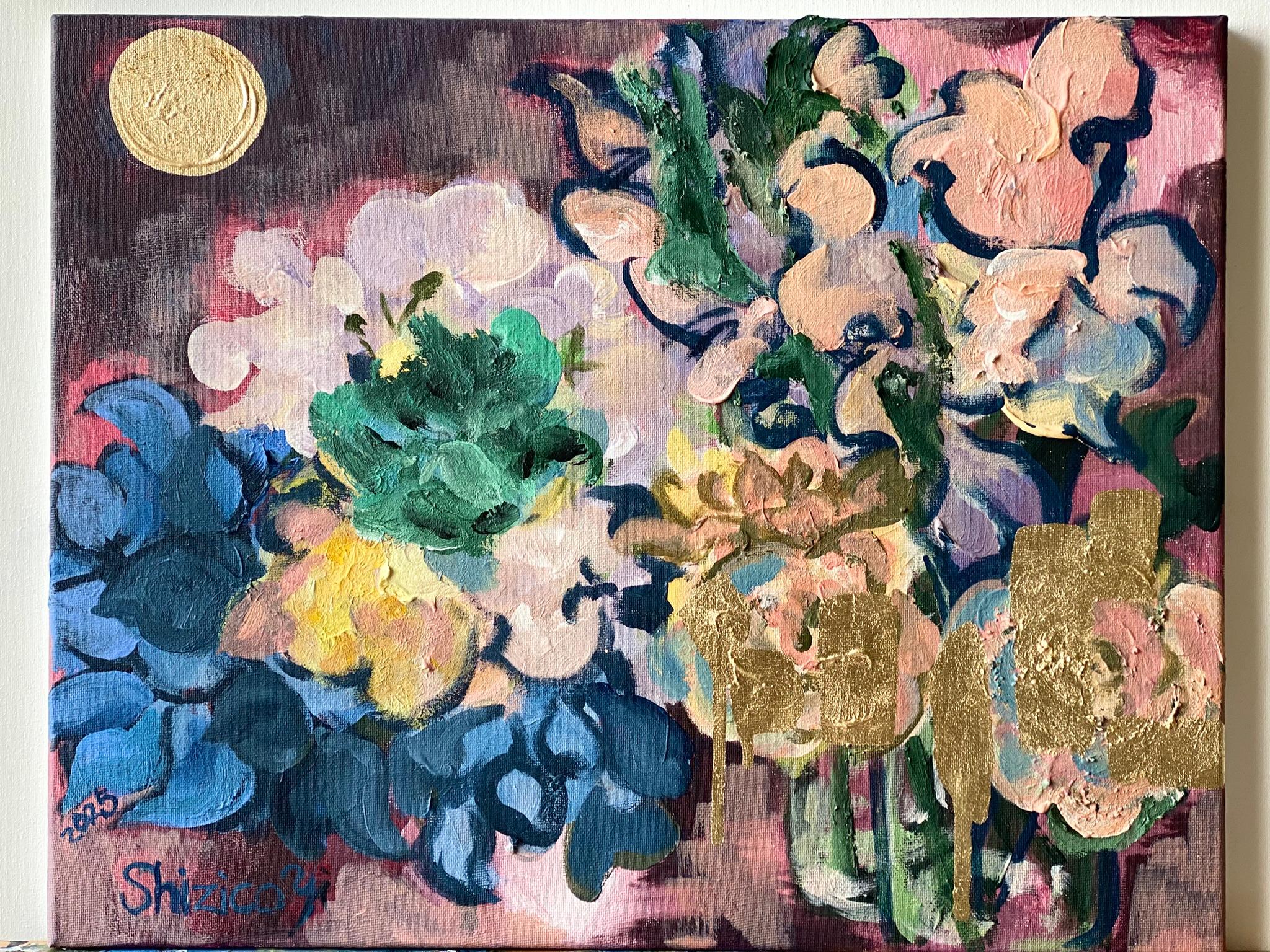 Original-Once in a Sturgeon Moon-British Awarded Artist-plein air-Gold Leaf - Brown Landscape Painting by Shizico Yi