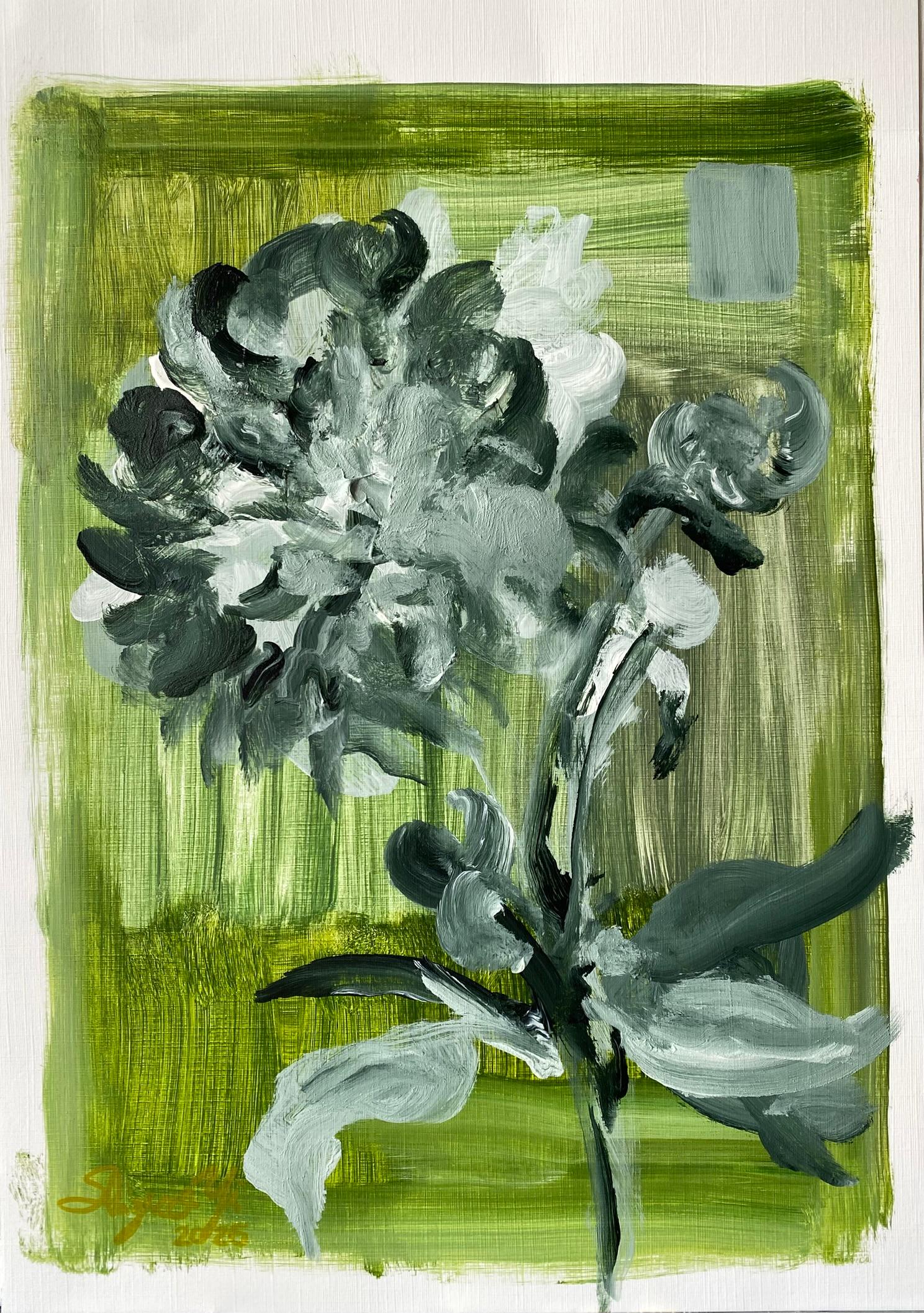 Originale - Peonia estiva - Verde - Artista donna premiata - Olio e gesso su carta - Impasto