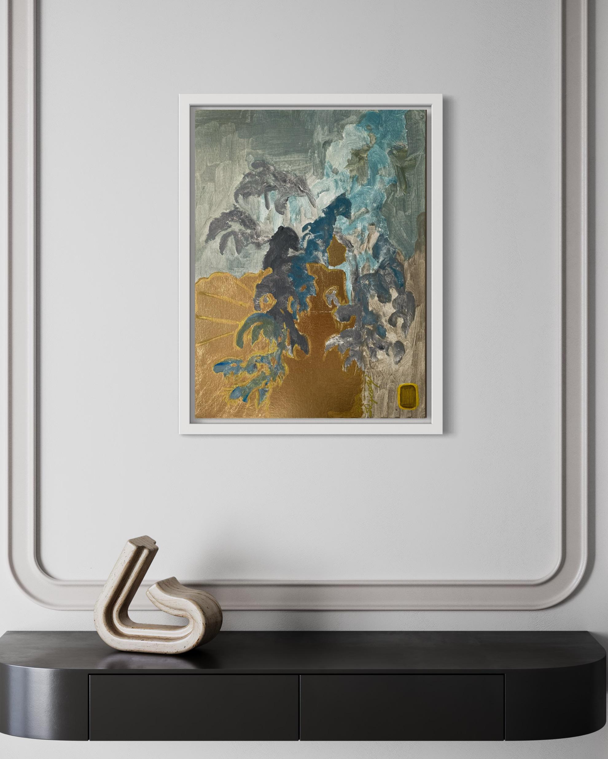 Originale-Primario Blu-Illuminato -Astrazione-Espressione-Foglia d'oro-Artista premiato dal Regno Unito - Painting di Shizico Yi