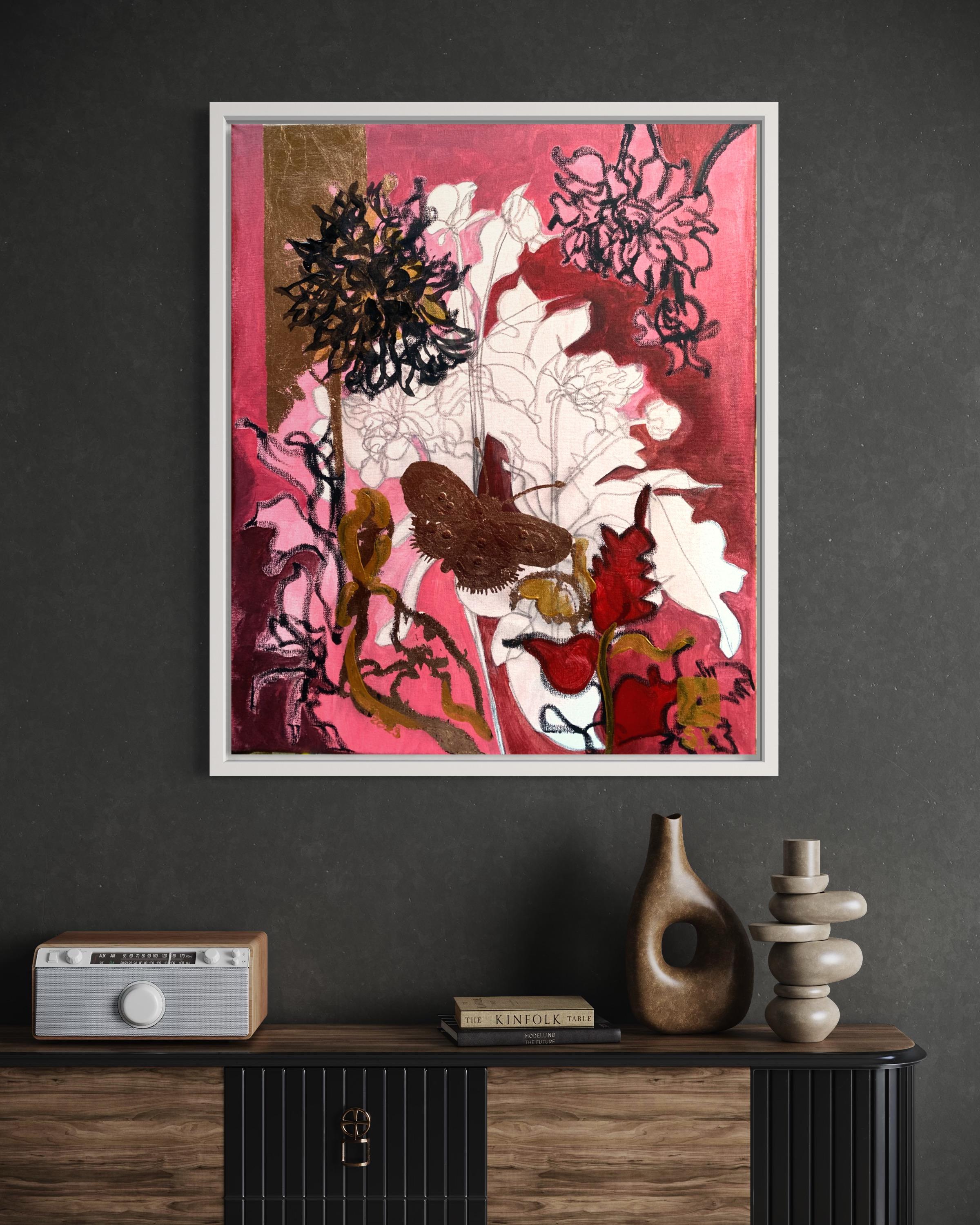 Original-Red Dahlias+Butterfly-Expression-Abstract-Gold leaf-UK Awarded Artist - Painting by Shizico Yi