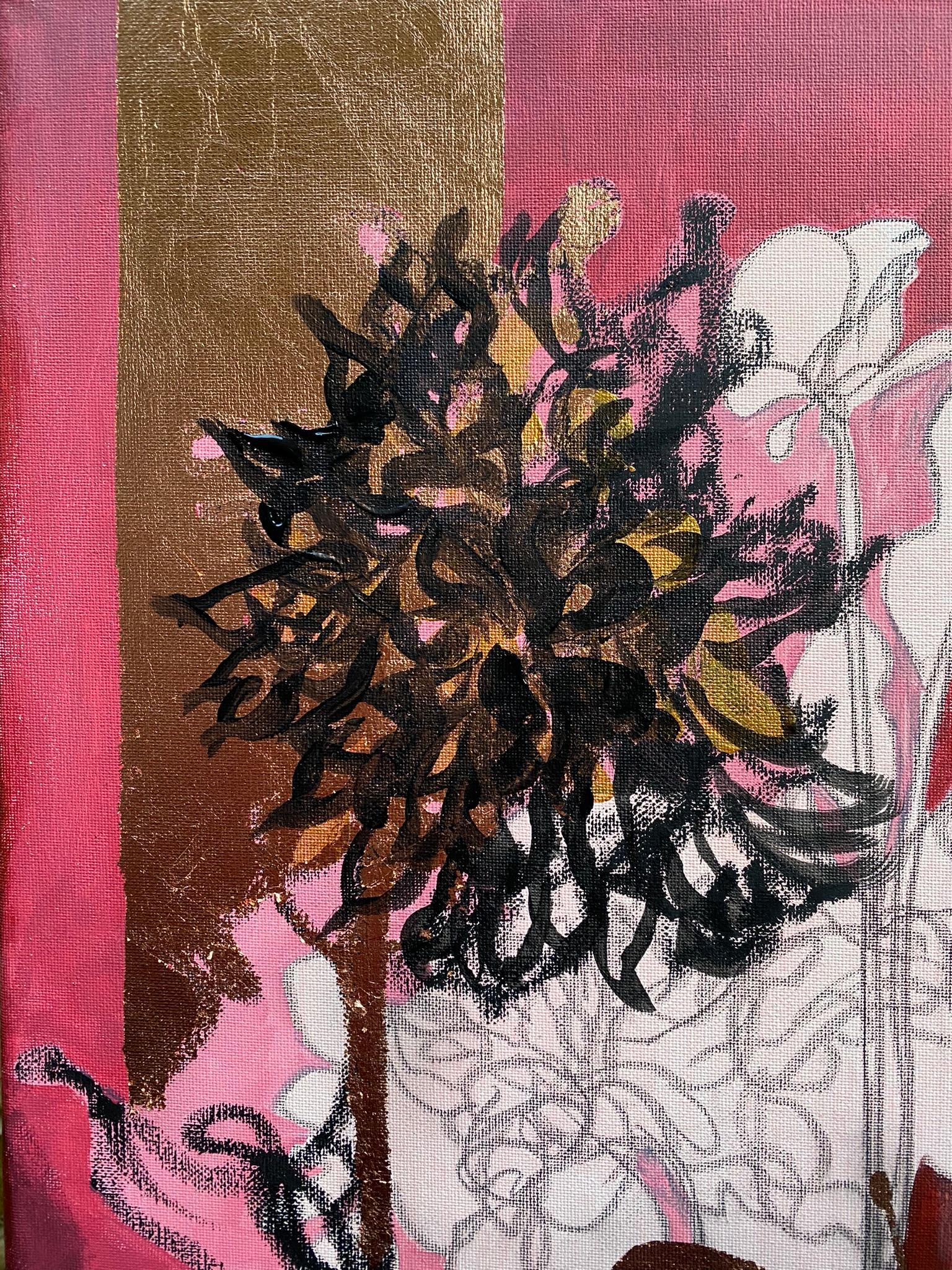 Original-Red Dahlias+Butterfly-Expression-Abstract-Gold leaf-UK Awarded Artist 1
