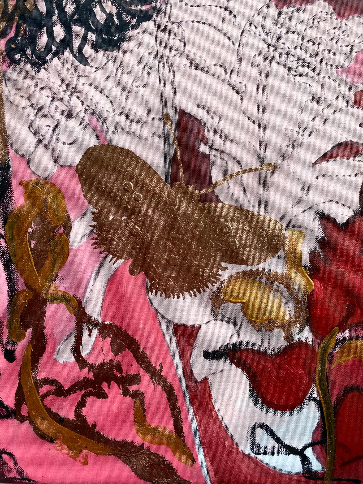 Original-Red Dahlias+Butterfly-Expression-Abstract-Gold leaf-UK Awarded Artist 11