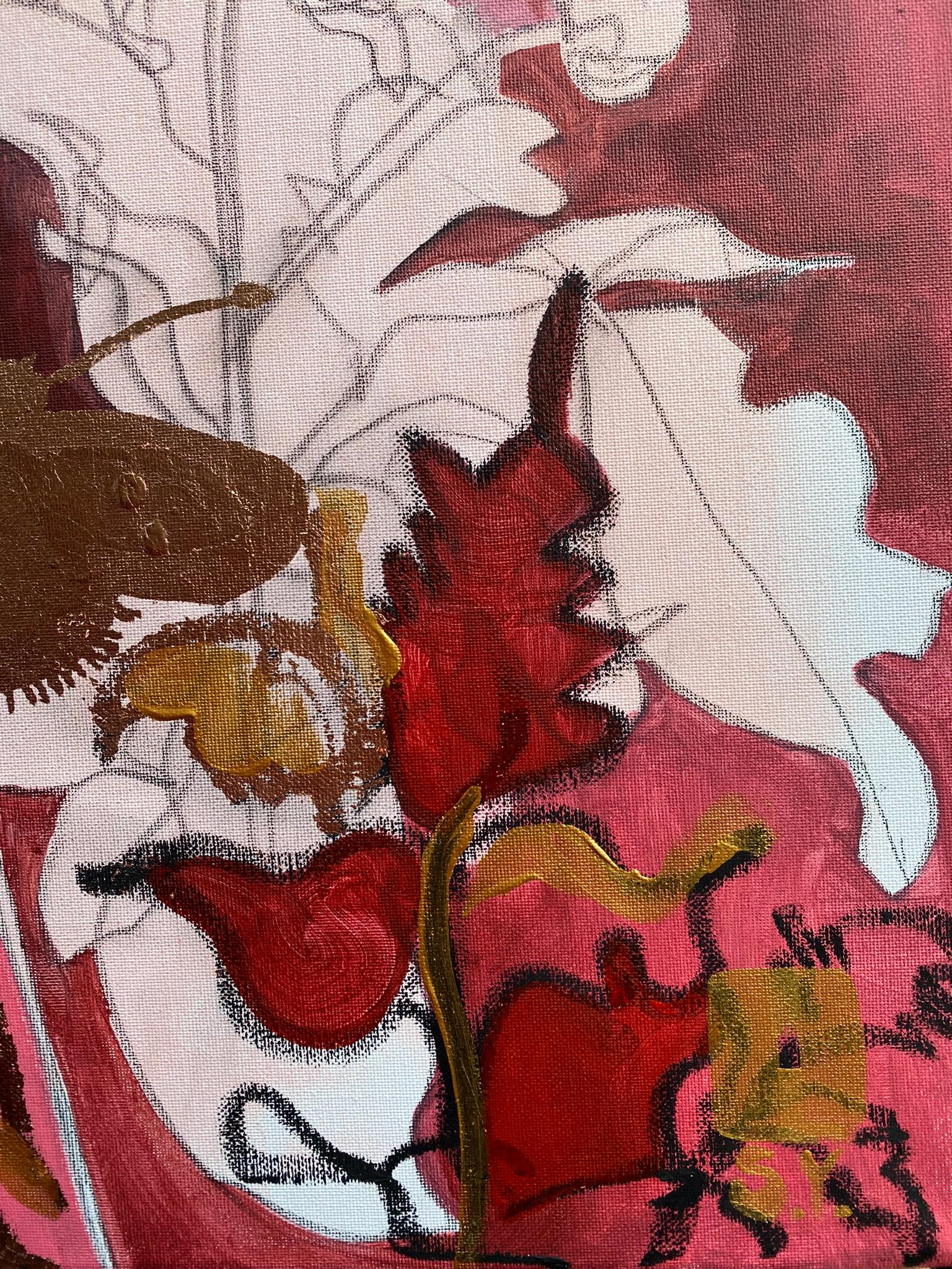 Original-Red Dahlias+Butterfly-Expression-Abstract-Gold leaf-UK Awarded Artist 4