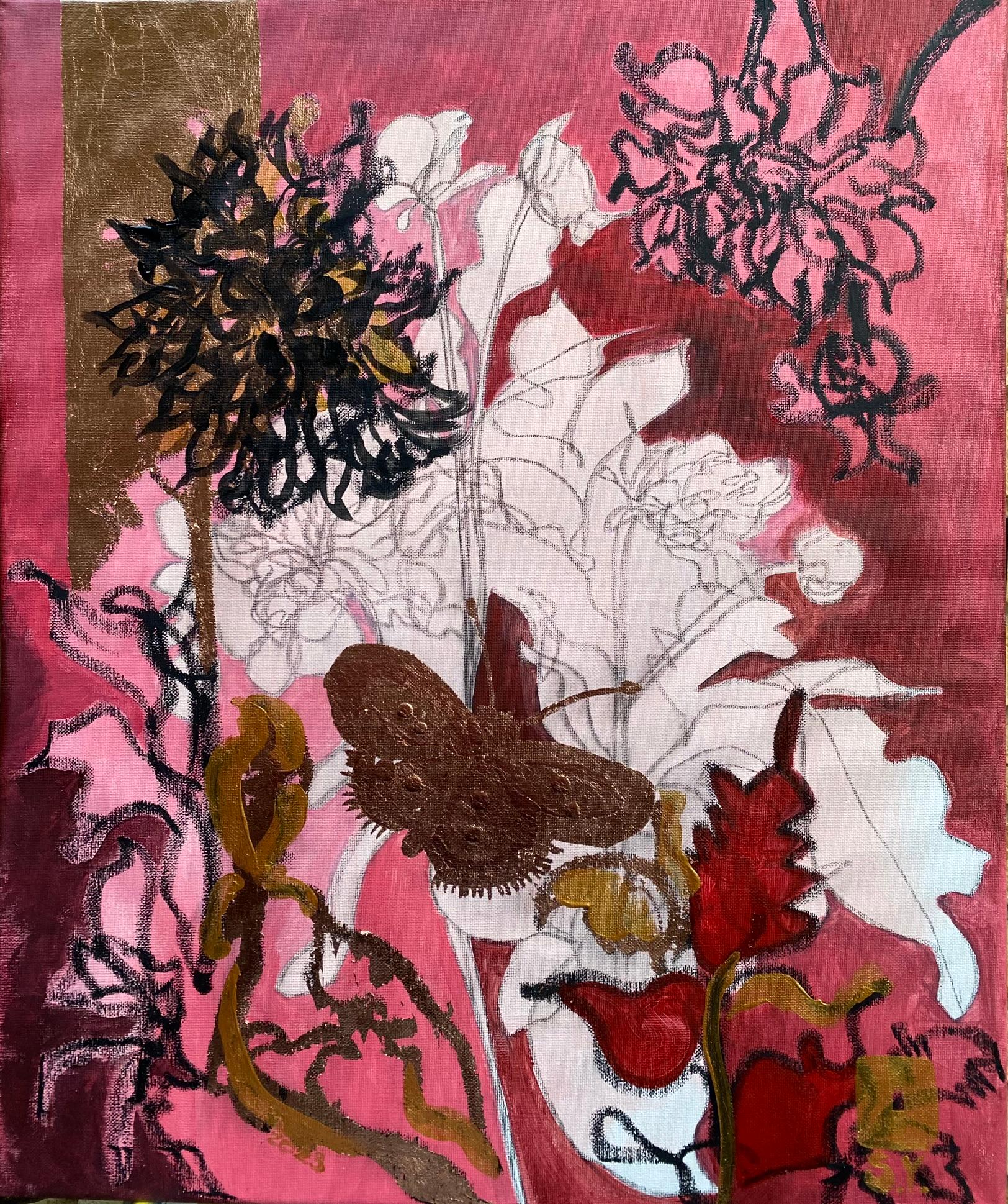 Shizico Yi Landscape Painting - Original-Red Dahlias+Butterfly-Expression-Abstract-Gold leaf-UK Awarded Artist