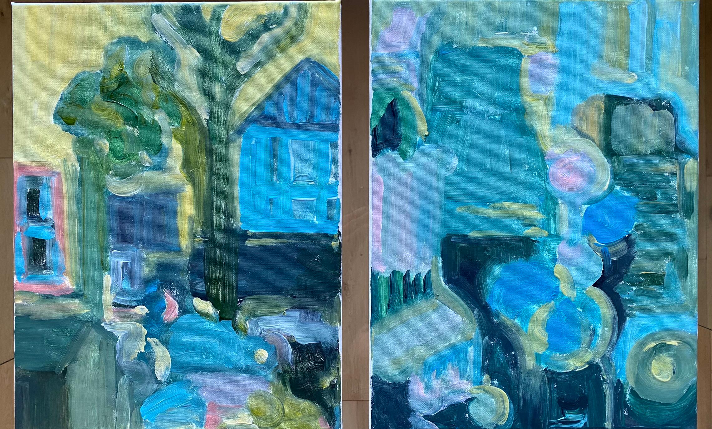 Shizico Yi's Spring Duet is a project that explores the format of sets of diptychs through a series of paintings. Shizico Yi painted en plein air, capturing the landscape outside of her studio and the interiors of the studio in its entirety,