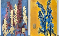 Set originale-Foxgloves-Artista britannico premiato-Giallo, viola-Impasto-foglia d'oro