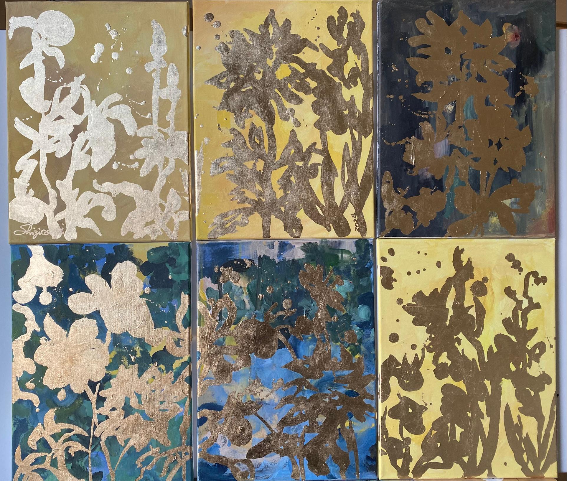 Set originale di 6 Ricordi di paesaggio-Foglia d'oro con olio-Artista britannico premiato in vendita 15