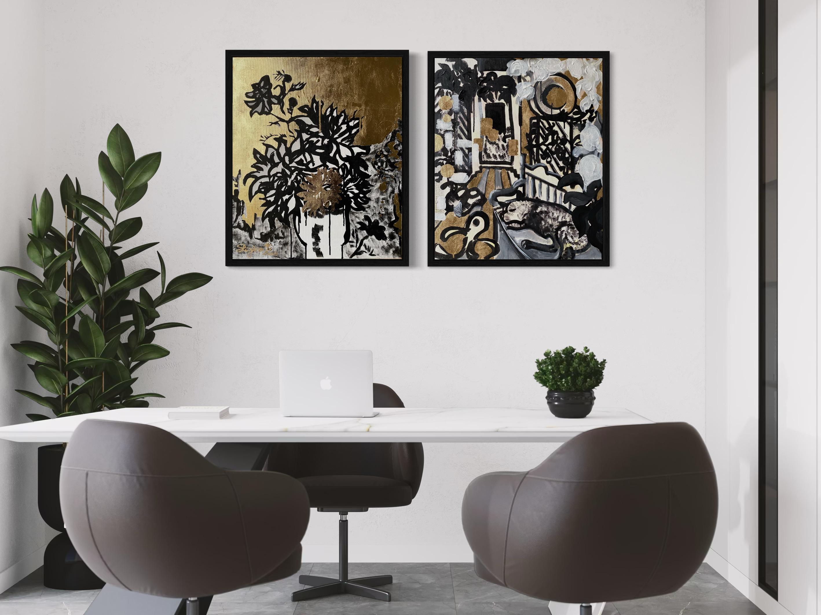 Original Set-Nostalgia-Drawing Time Series-Brit Awarded artist-ink and gold leaf - Abstract Expressionist Painting by Shizico Yi