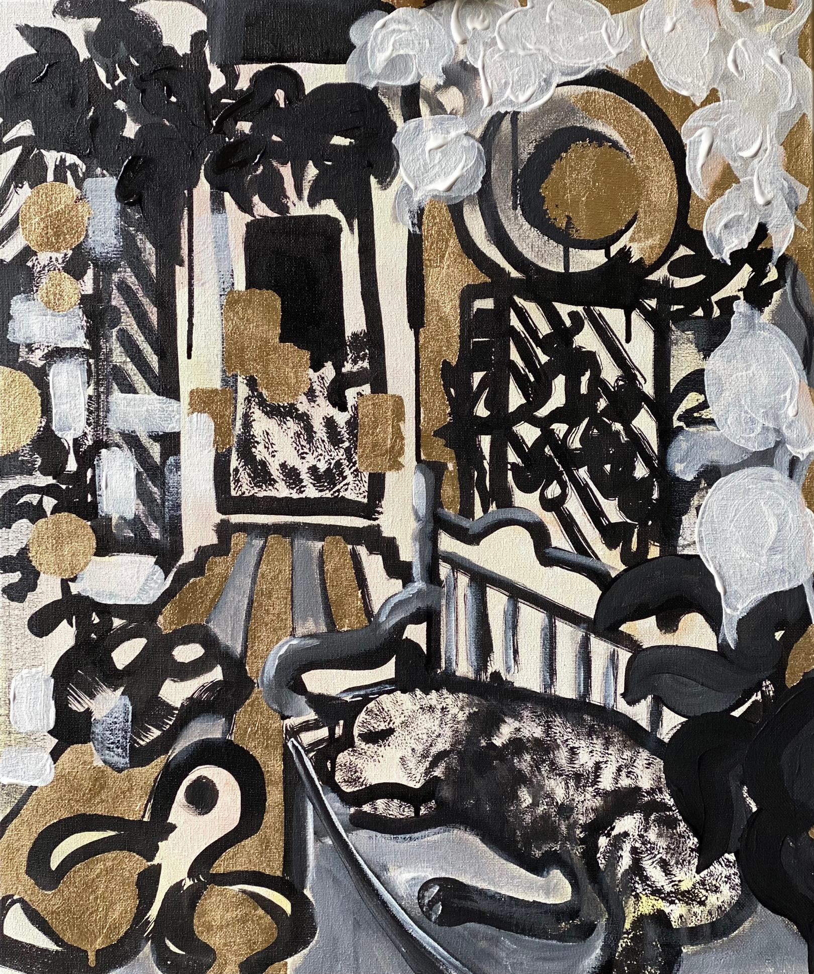 This Diptych in Ink and Gold leaf on canvass created by Shizico in early autumn when Dahlias take centre stage in her garden. The pictorial language in this series pays homage to Japanese Woodblock prints; Shizico employs Dahlias which bloom in late