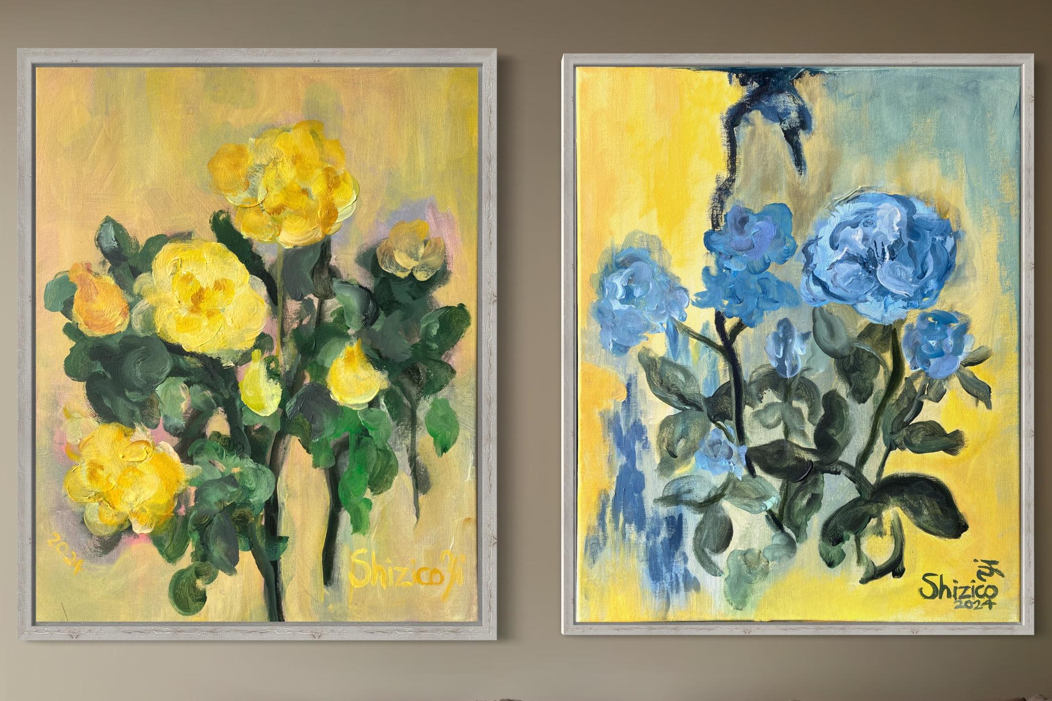Abstract Painting di Shizico Yi - Set originale di 2-La Vie en Rose-Olio-Premio Britannico Artista-Rasariano-Rosa Inglese