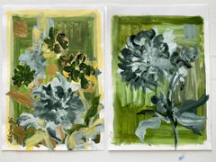 Ensemble original de 2 tableaux – Pivoines d'été – Artiste britannique primé – Impasto, huile, feuille d'or