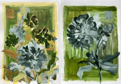 Set originale da 2 - Peonie d'estate - Artista britannico premiato - Impasto, olio, foglia d'oro