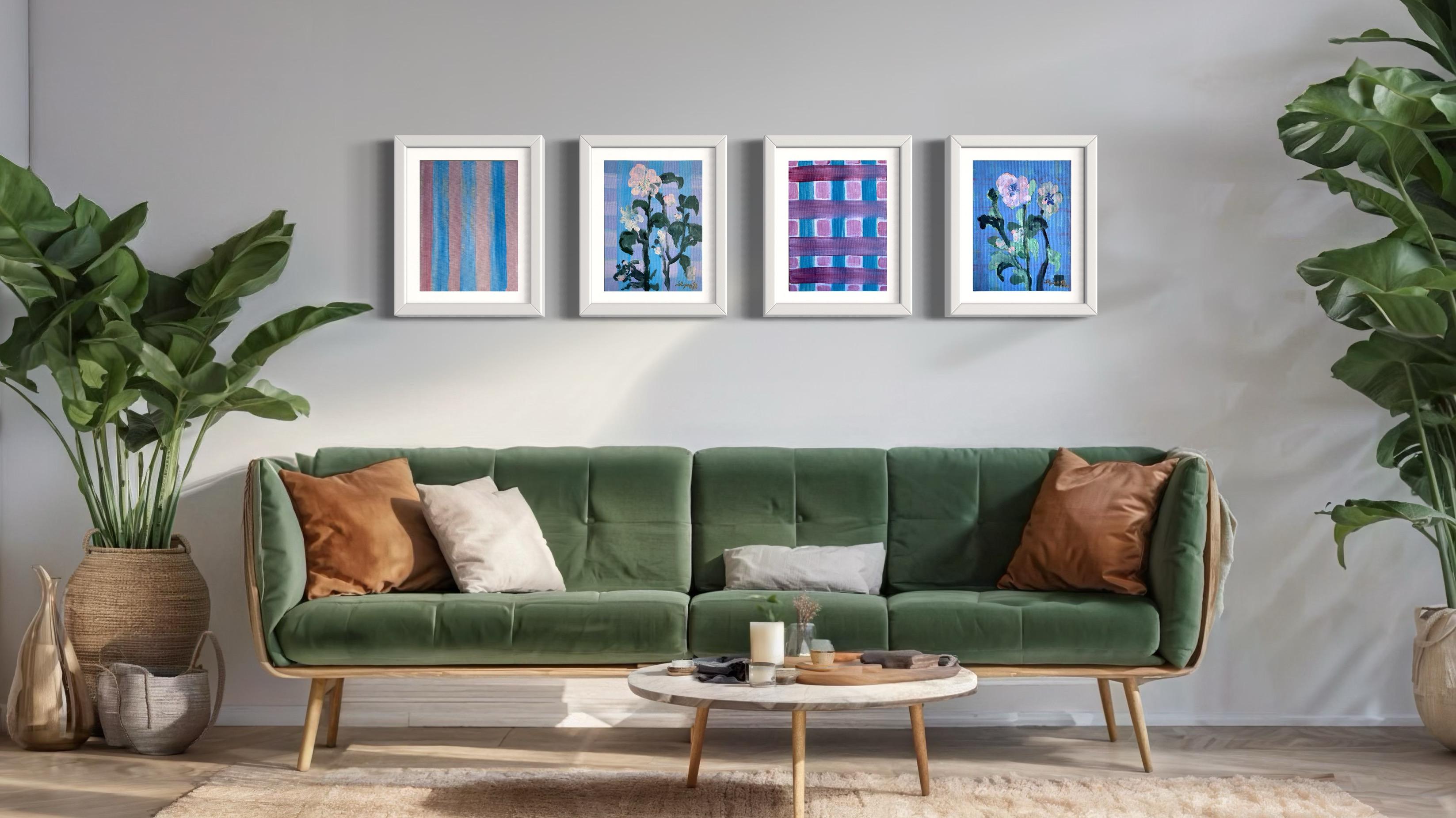 Original Set of 4-The Weaver-UK Awarded Artist-feat. Scottish Tartan andCamellia - Painting by Shizico Yi