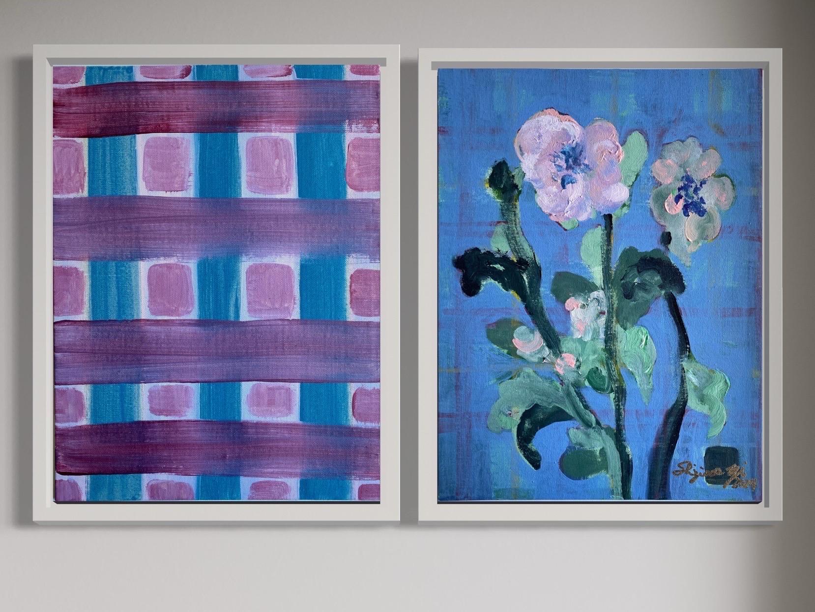Original Set of 4-The Weaver-UK Awarded Artist-feat. Scottish Tartan andCamellia - Abstract Impressionist Painting by Shizico Yi