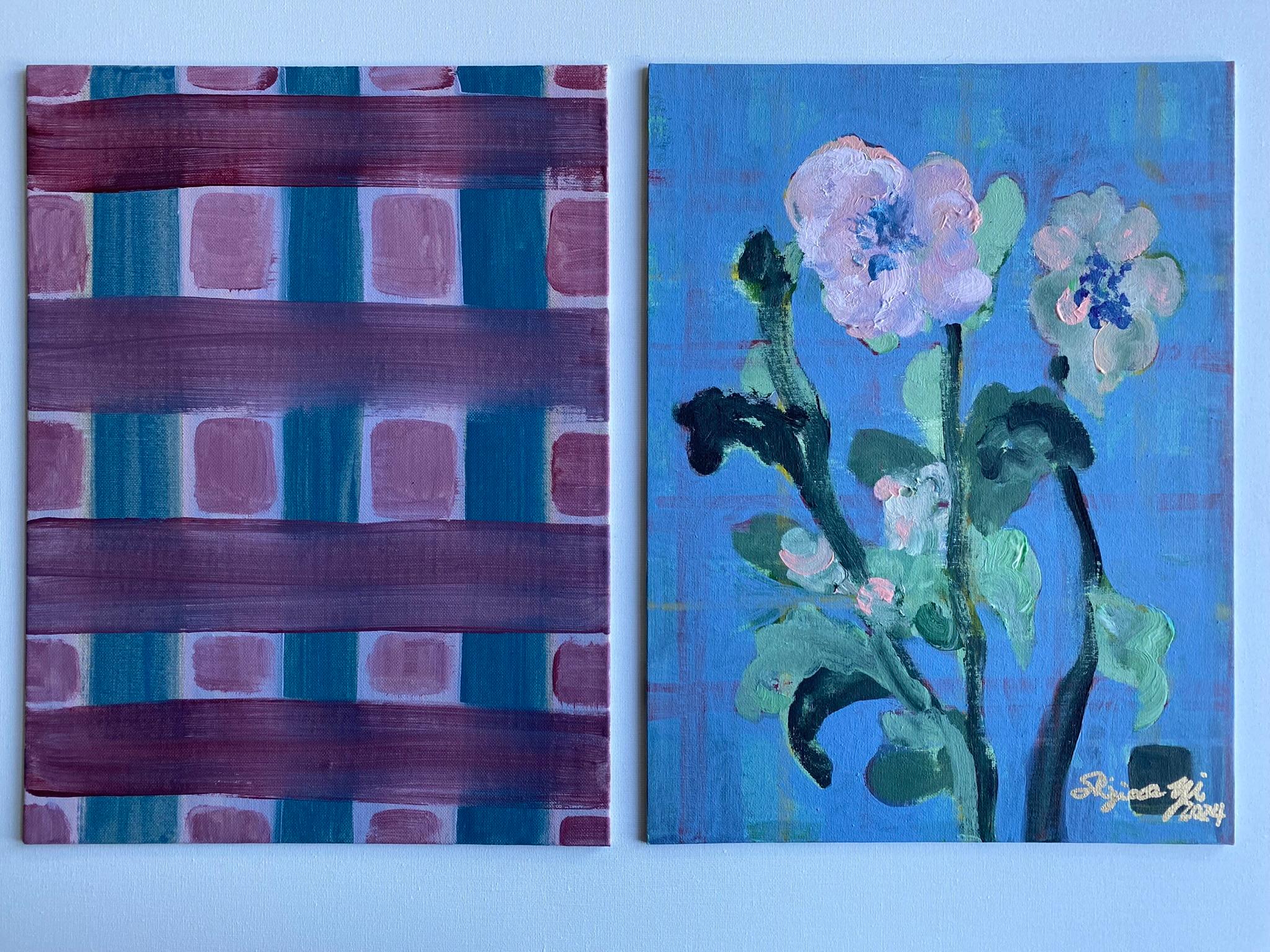 Original Set of 4-The Weaver-UK Awarded Artist-feat. Scottish Tartan andCamellia For Sale 4