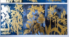Ensemble original de 9 tableaux « Garden Story » – « Le Bleu » – Artiste britannique primé – Feuille d'or sur huile