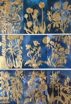 Ensemble original de 9 tableaux « Garden Story » – « Le Bleu » – Artiste britannique primé – Feuille d'or sur huile