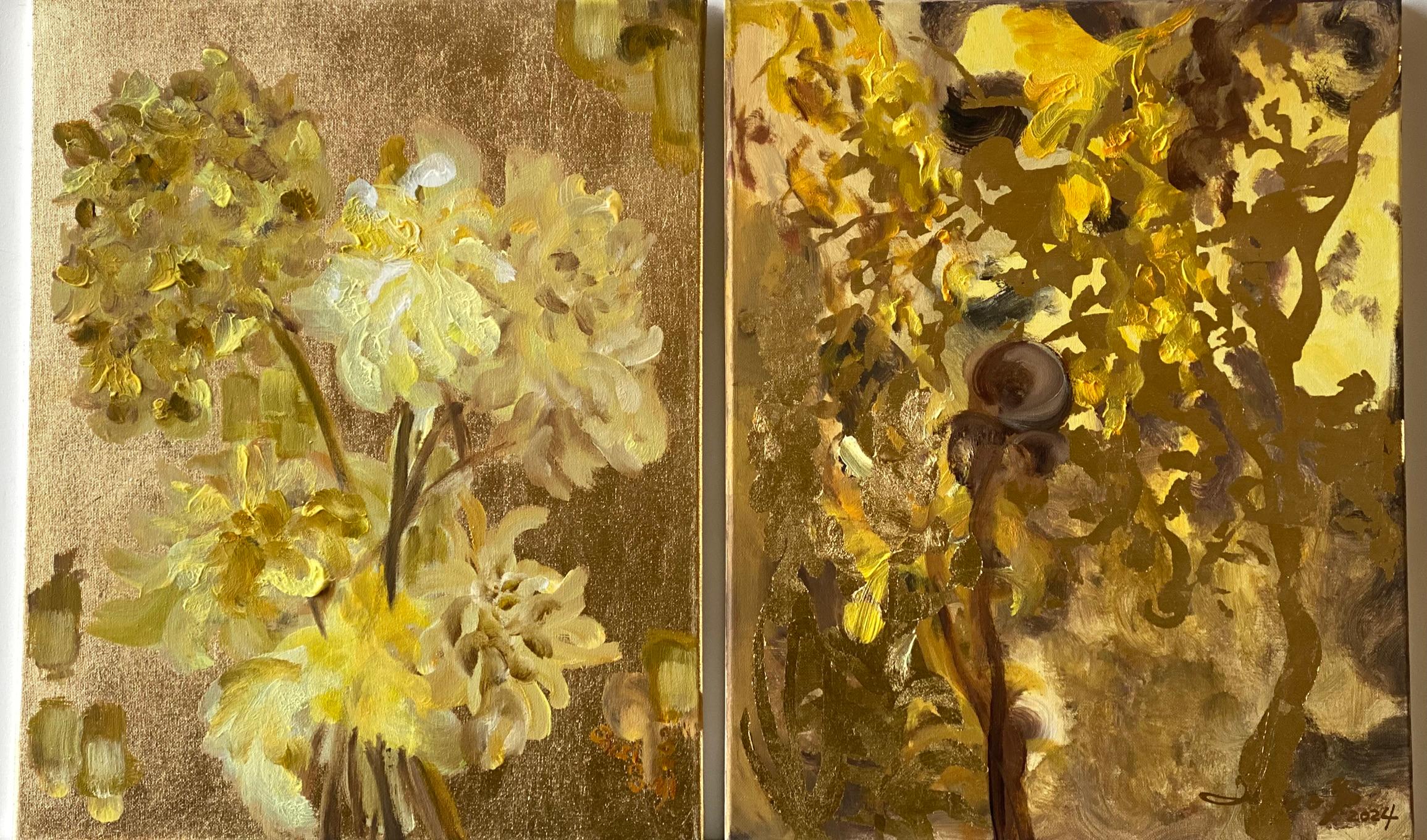 Original 2er-Set Öl und Blattgold - Goldener Sommer 2024-25 - Britischer Künstler mit Auszeichnung