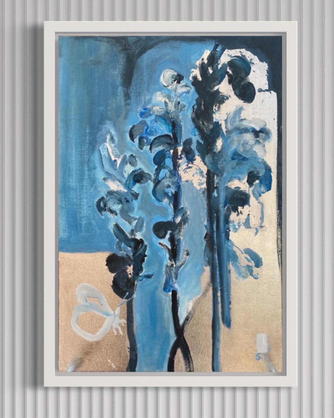 Conjunto original Serie azul primaria-Gato de verano-Mariposa blanca-Artista británico premiado - Painting de Shizico Yi