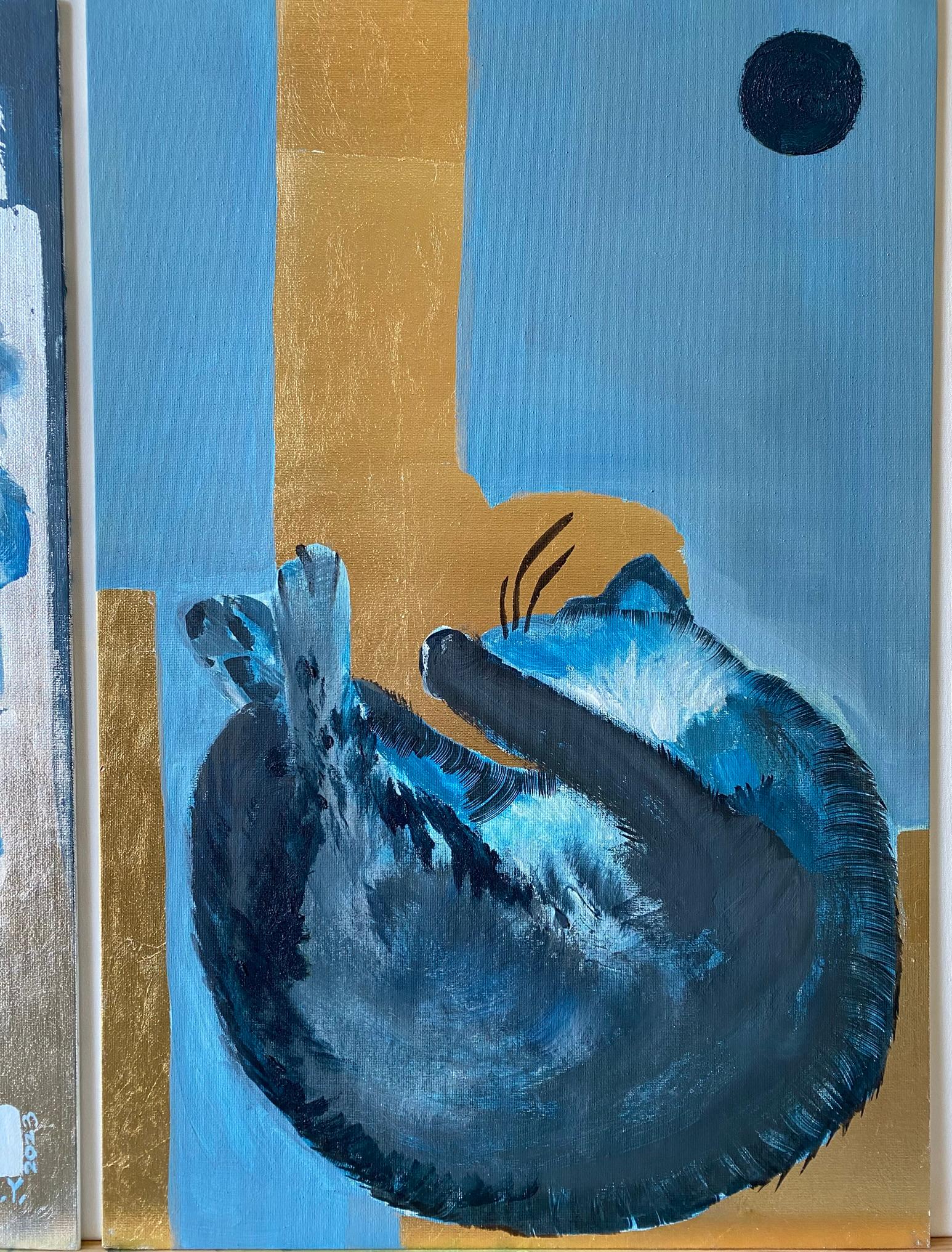 Conjunto original Serie azul primaria-Gato de verano-Mariposa blanca-Artista británico premiado - Abstract Painting Plata de Shizico Yi
