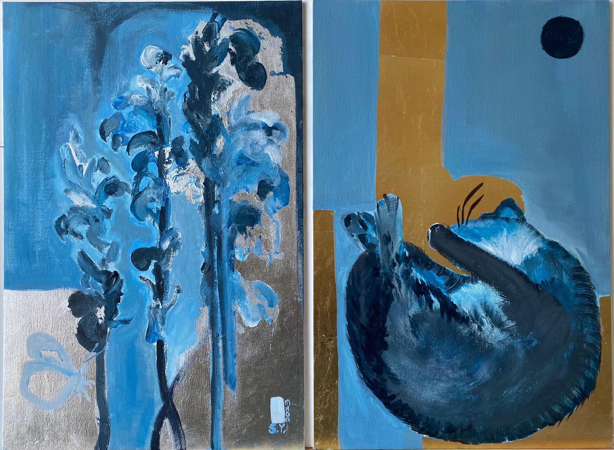 Ensemble original Primary Blue série chat d'été papillon blanc, artiste britannique lauréat du prix