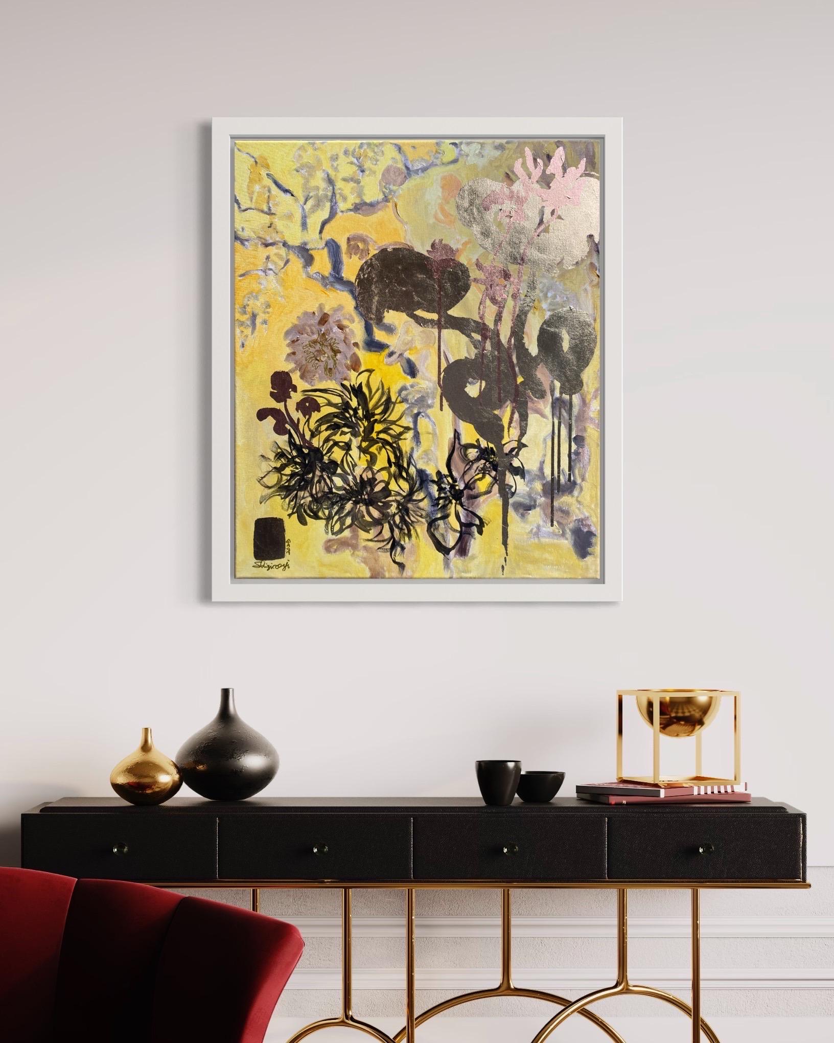 Original-Spring in Autumn-Expression-landscapeDahlia-gold leaf-UK Awarded Artist - Painting by Shizico Yi