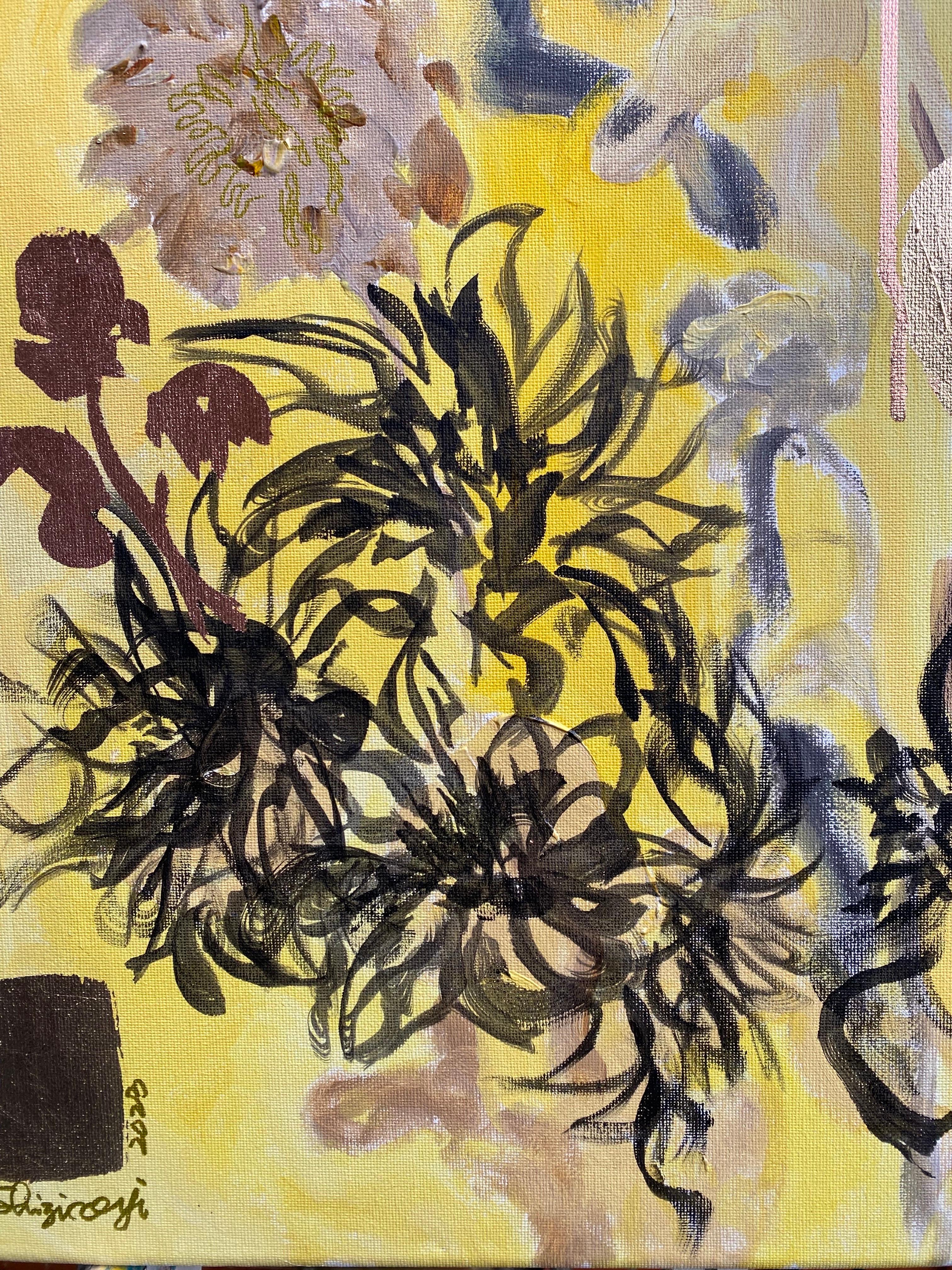 Original-Spring in Autumn-Expression-landscapeDahlia-gold leaf-UK Awarded Artist For Sale 1
