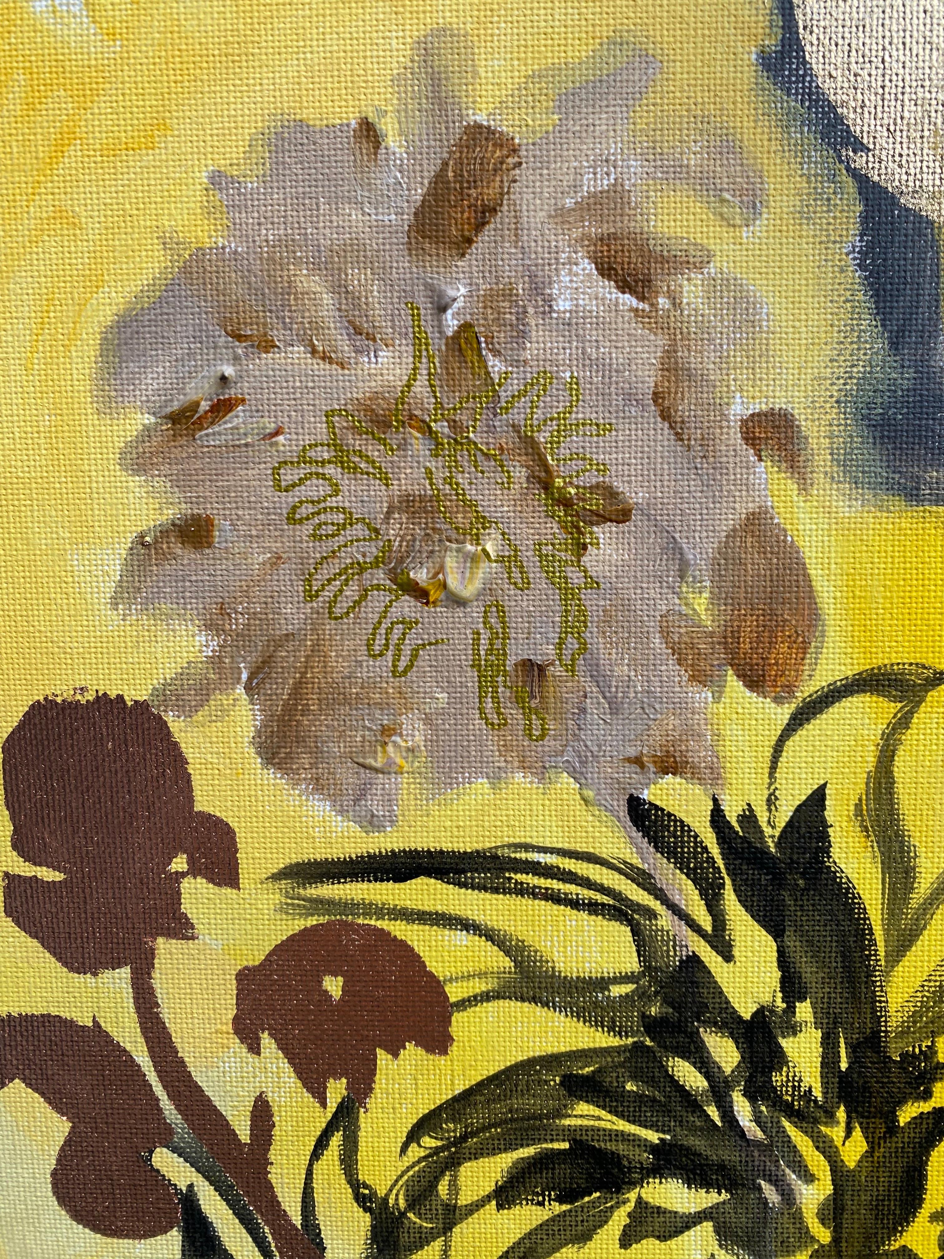Original-Spring in Autumn-Expression-landscapeDahlia-gold leaf-UK Awarded Artist For Sale 4