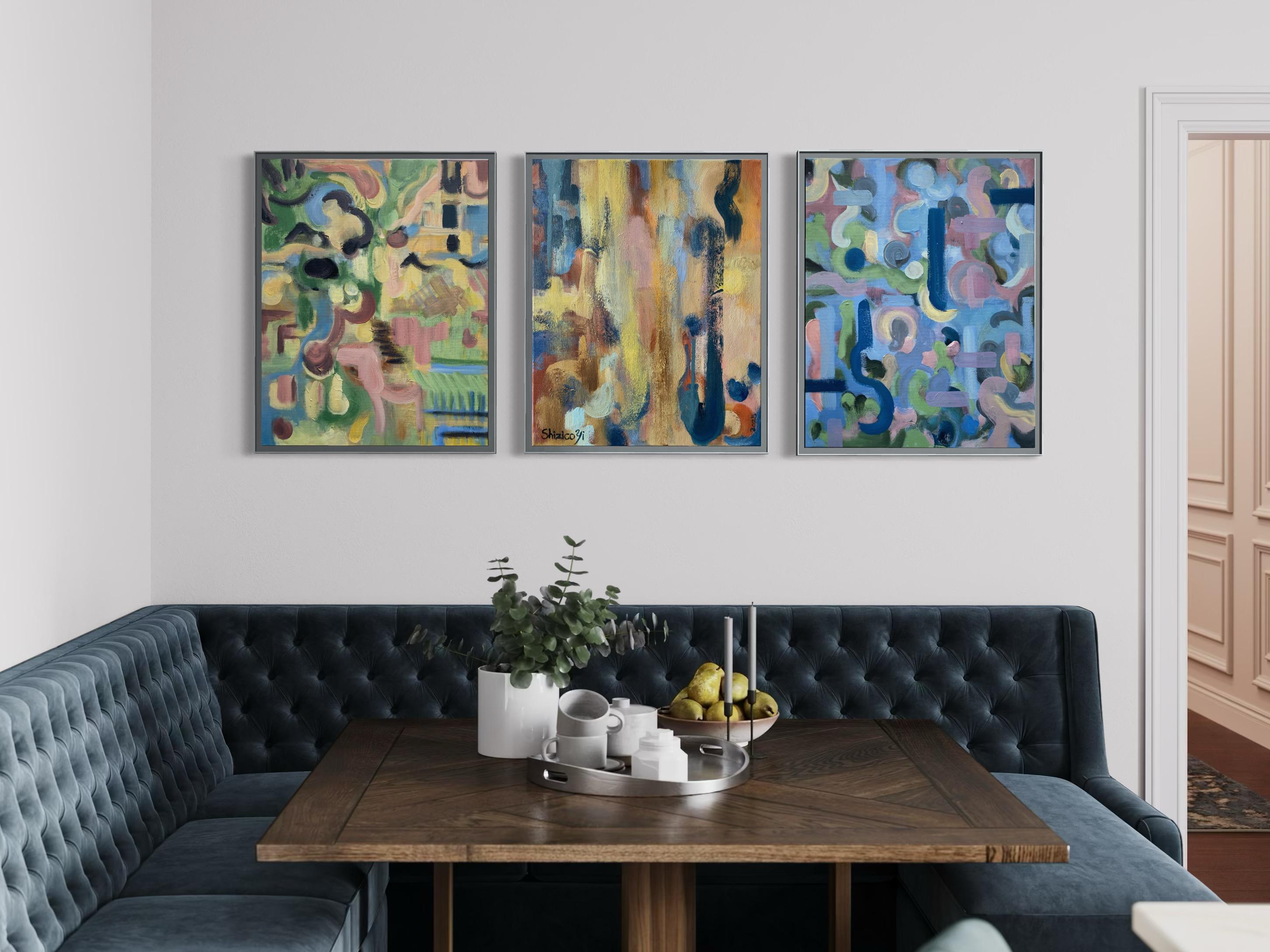 Original Spring Triptych-British Awarded Artist-Abstract British Contemporary - Painting by Shizico Yi