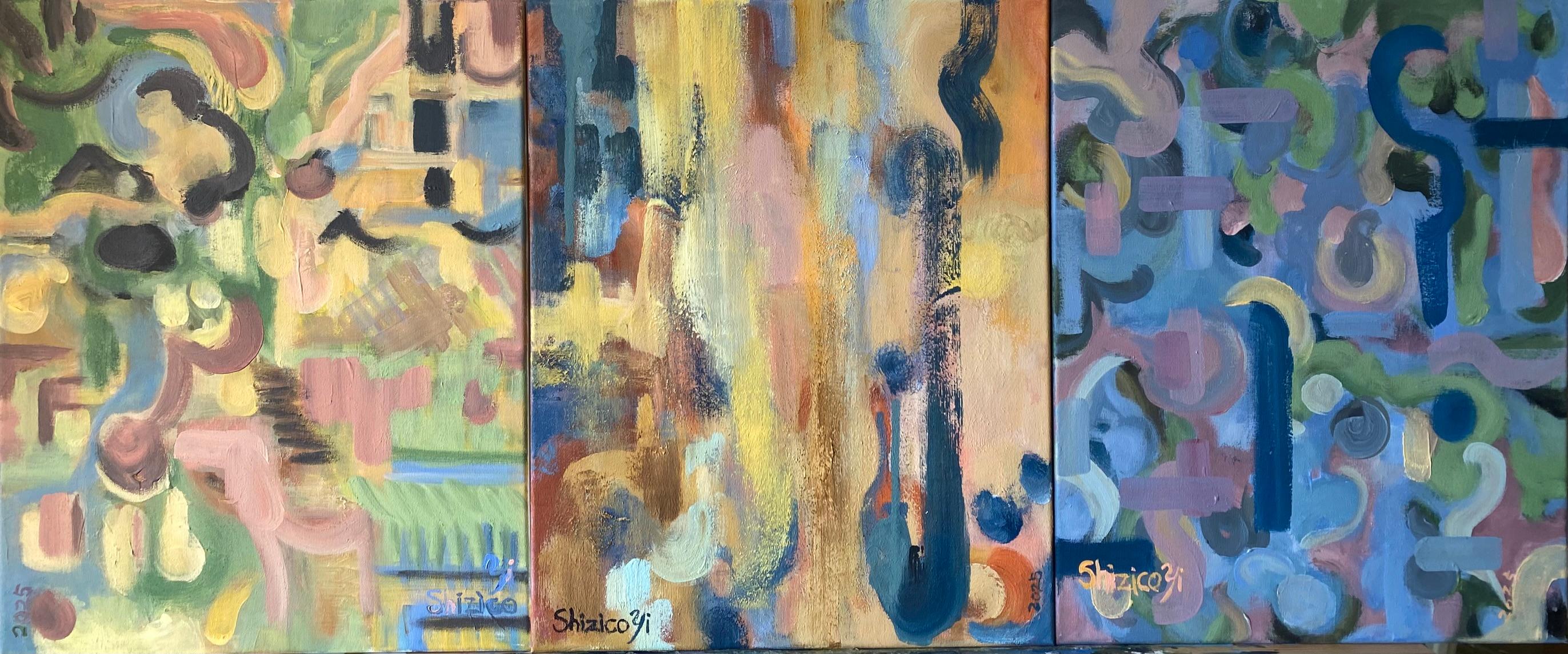 Shizico Yi Landscape Painting - Original Spring Triptych-British Awarded Artist-Abstract British Contemporary