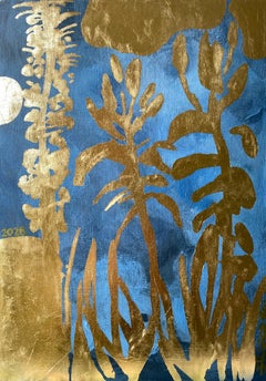 Œuvre originale – « Strawberry Moon Night » – Artiste britannique primé – feuille d'or et huile sur papier