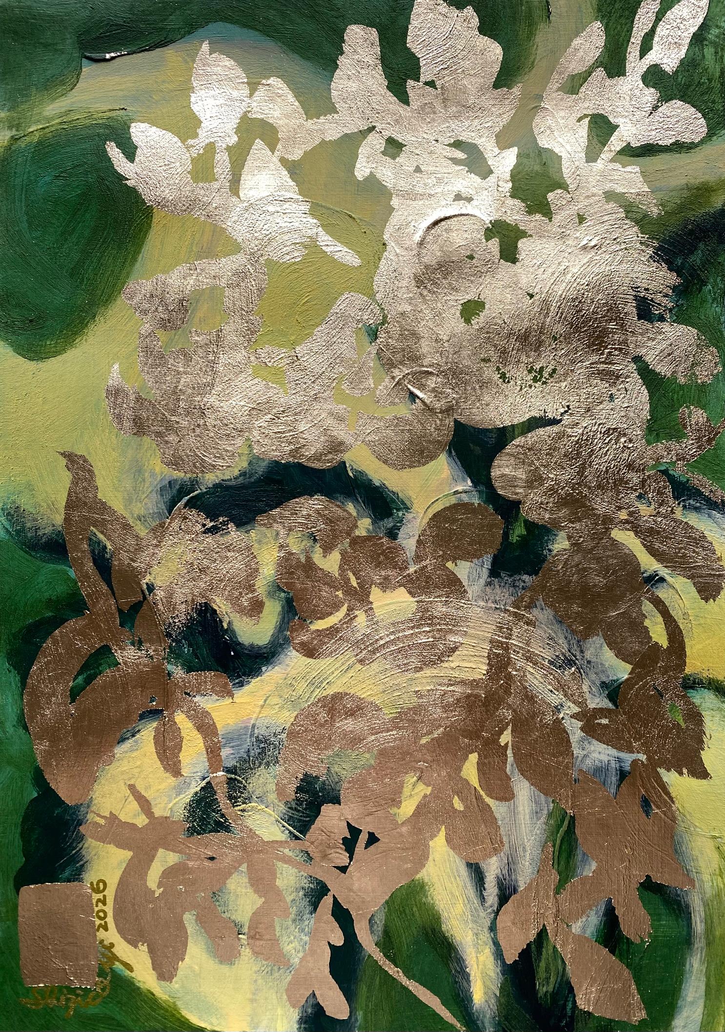Œuvre originale – Fleurs d'été – Roses lys – Artiste britannique primé – Huile, feuille d'or – Plein air