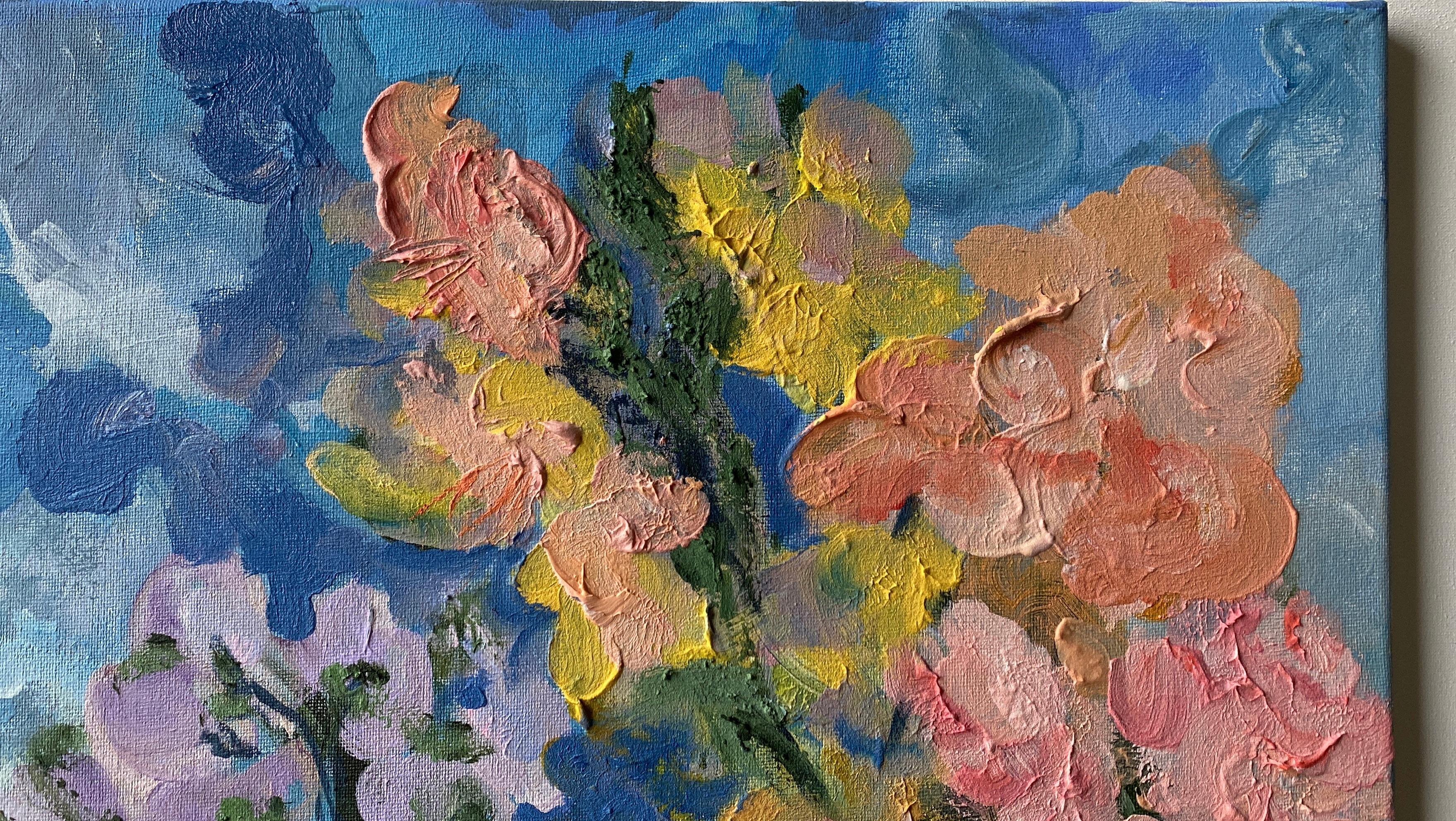 Originale-Summer Bloom Series-Artista britannico premiato-Impasto-oil-plein air garden in vendita 6