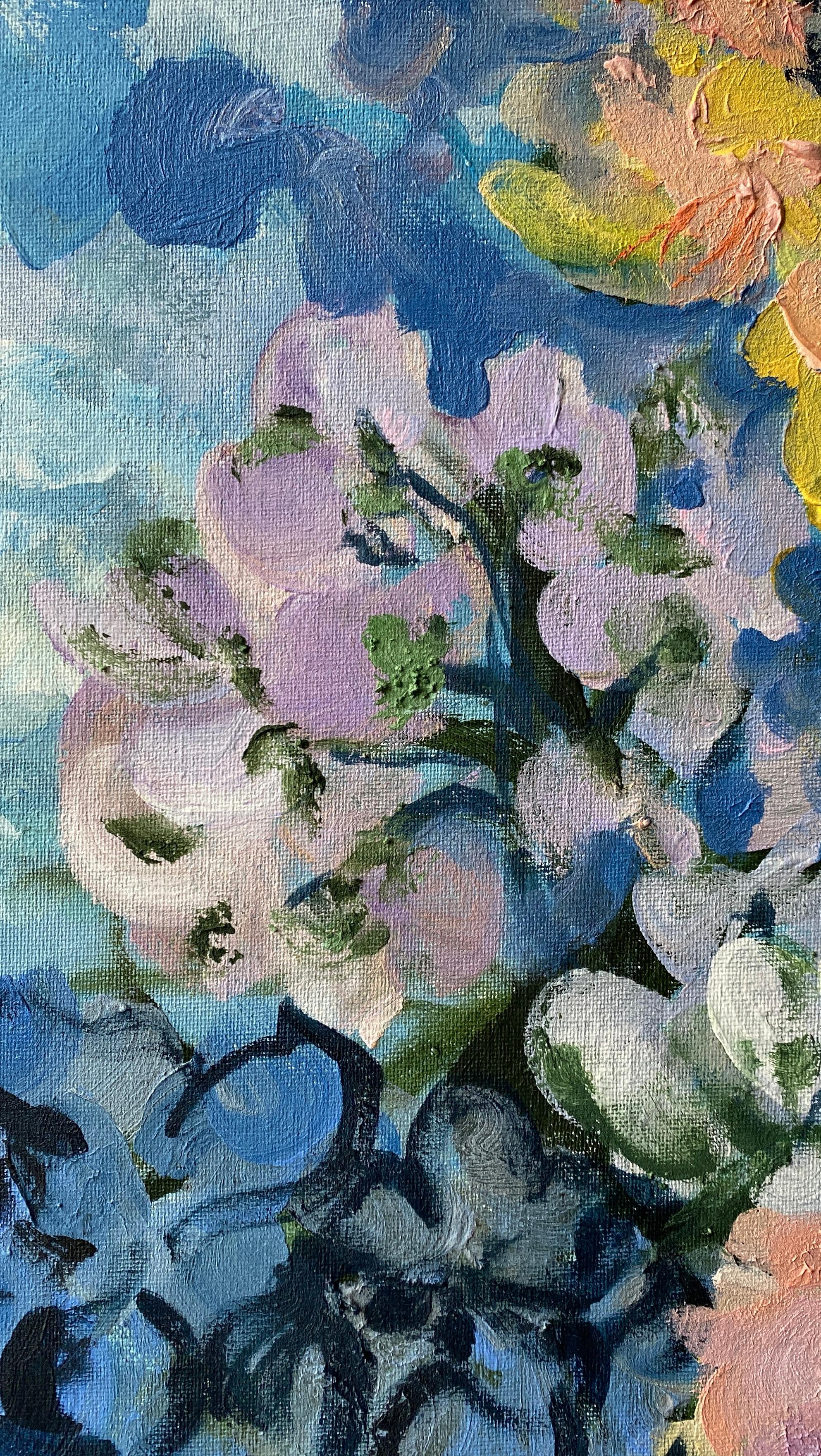 Originale-Summer Bloom Series-Artista britannico premiato-Impasto-oil-plein air garden in vendita 7