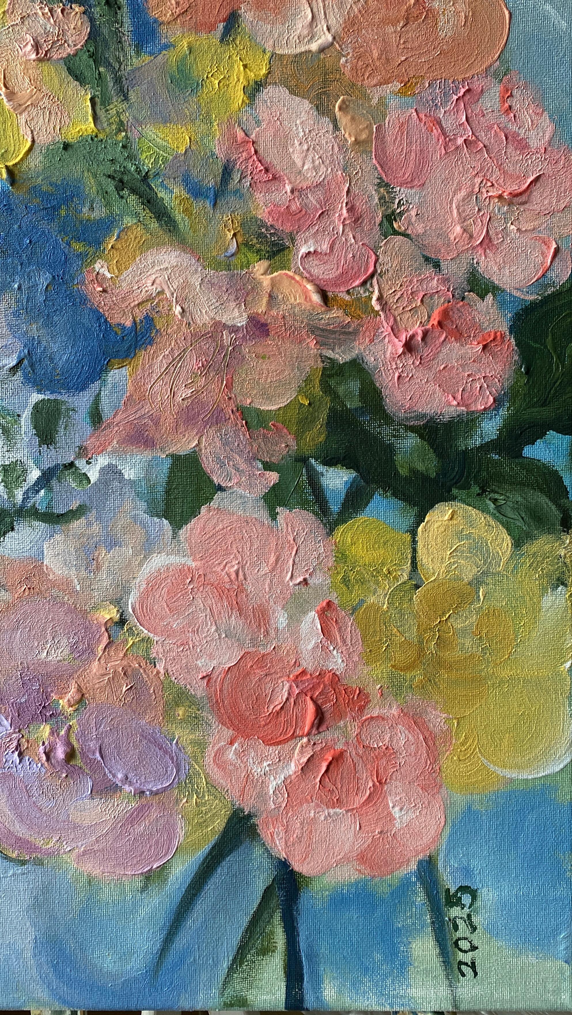 Originale-Summer Bloom Series-Artista britannico premiato-Impasto-oil-plein air garden in vendita 9