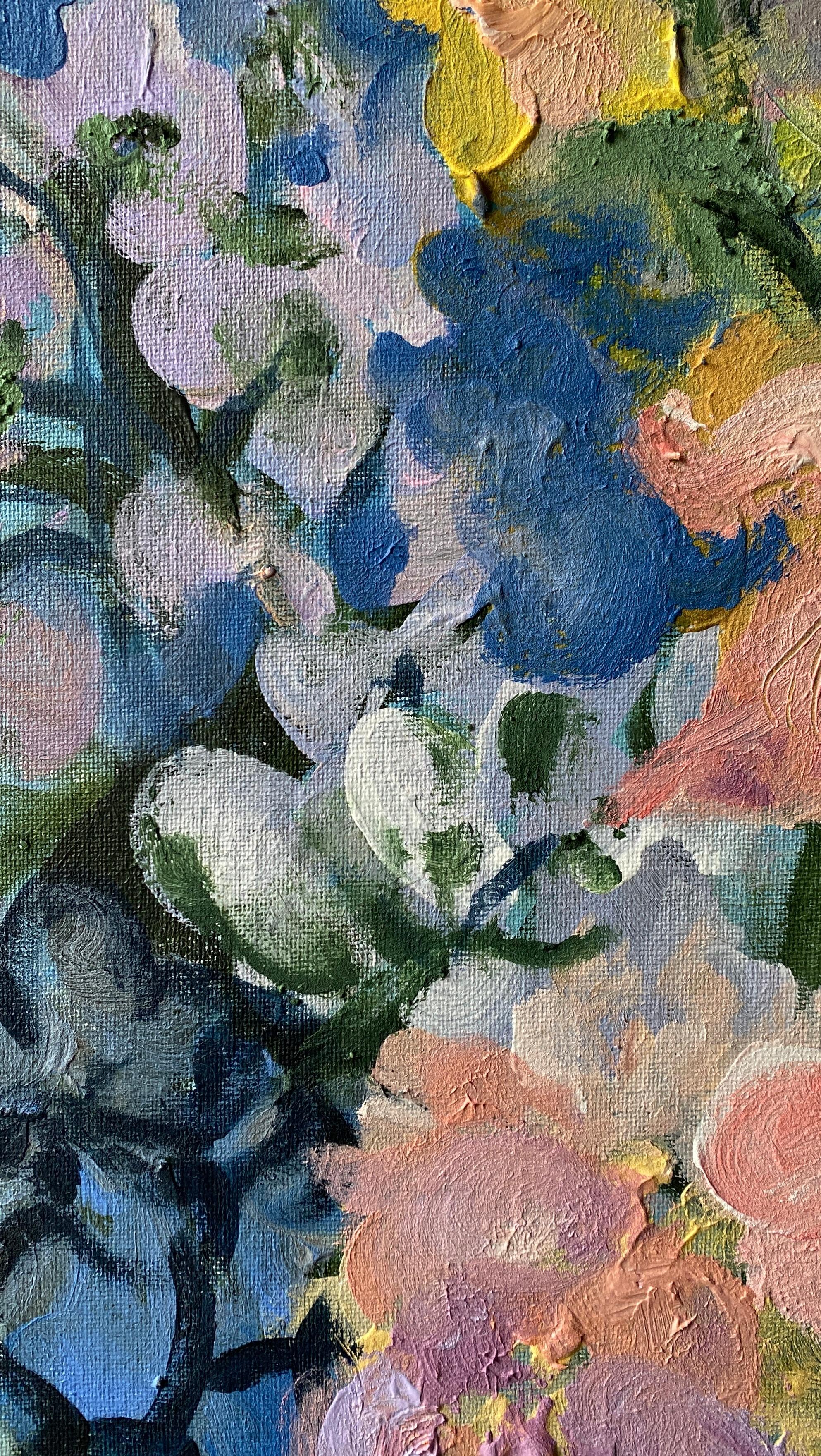 Originale-Summer Bloom Series-Artista britannico premiato-Impasto-oil-plein air garden in vendita 11