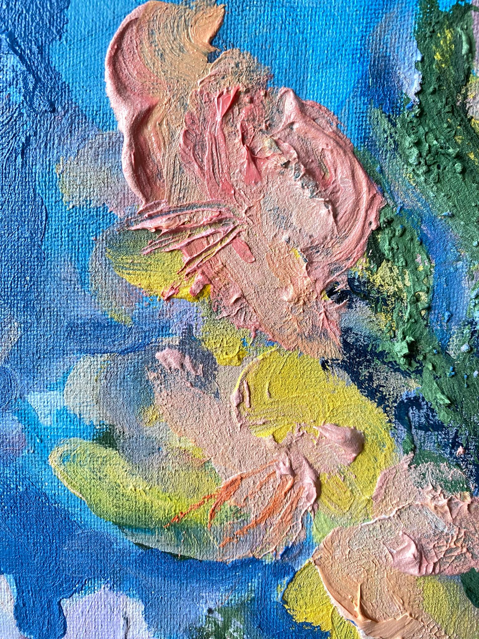Originale-Summer Bloom Series-Artista britannico premiato-Impasto-oil-plein air garden in vendita 12