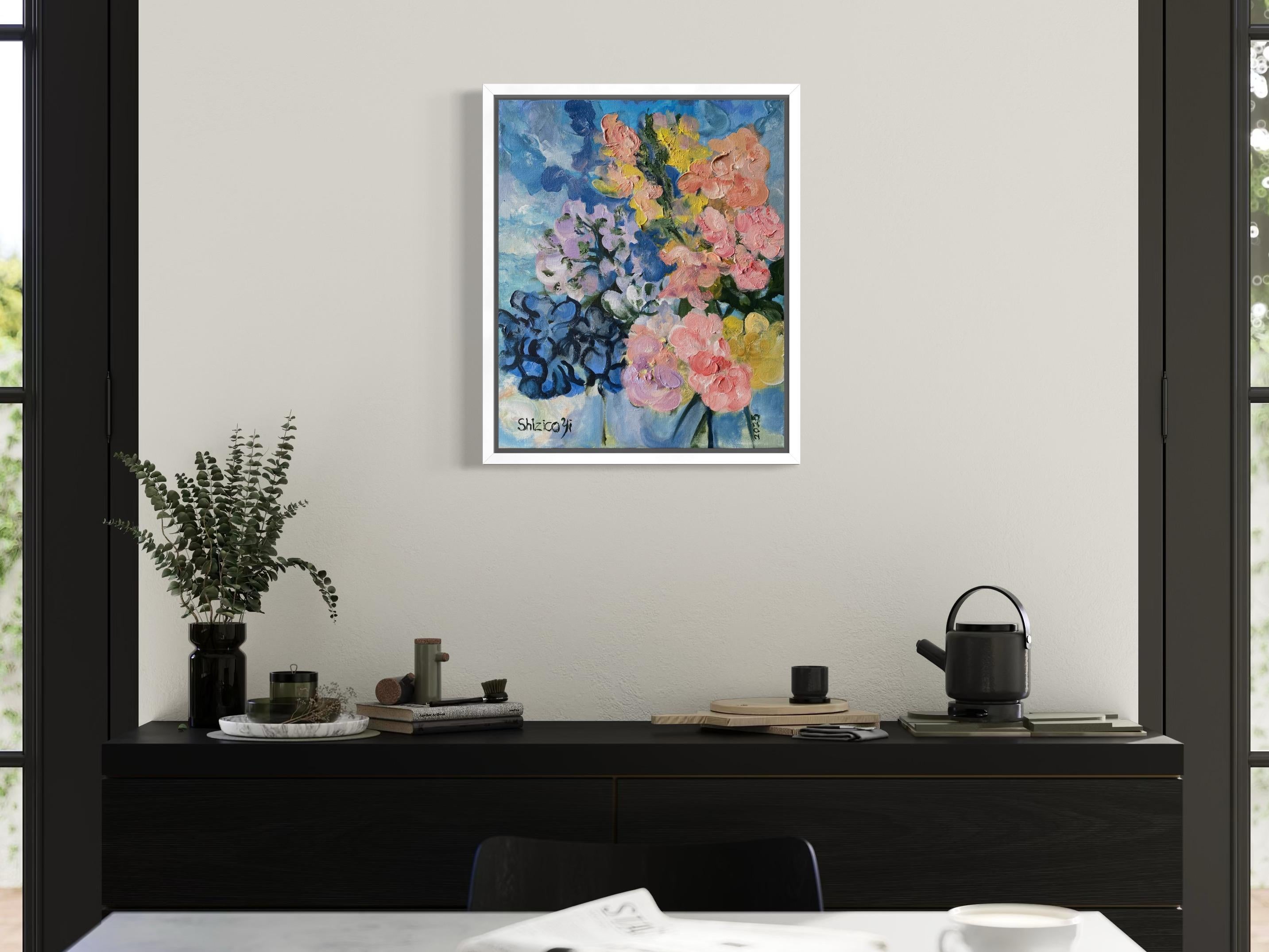Original-Roses, Gladiolus, Hydrangeas-Summer Bloom Series-British Awarded Artist - Gray Landscape Painting by Shizico Yi