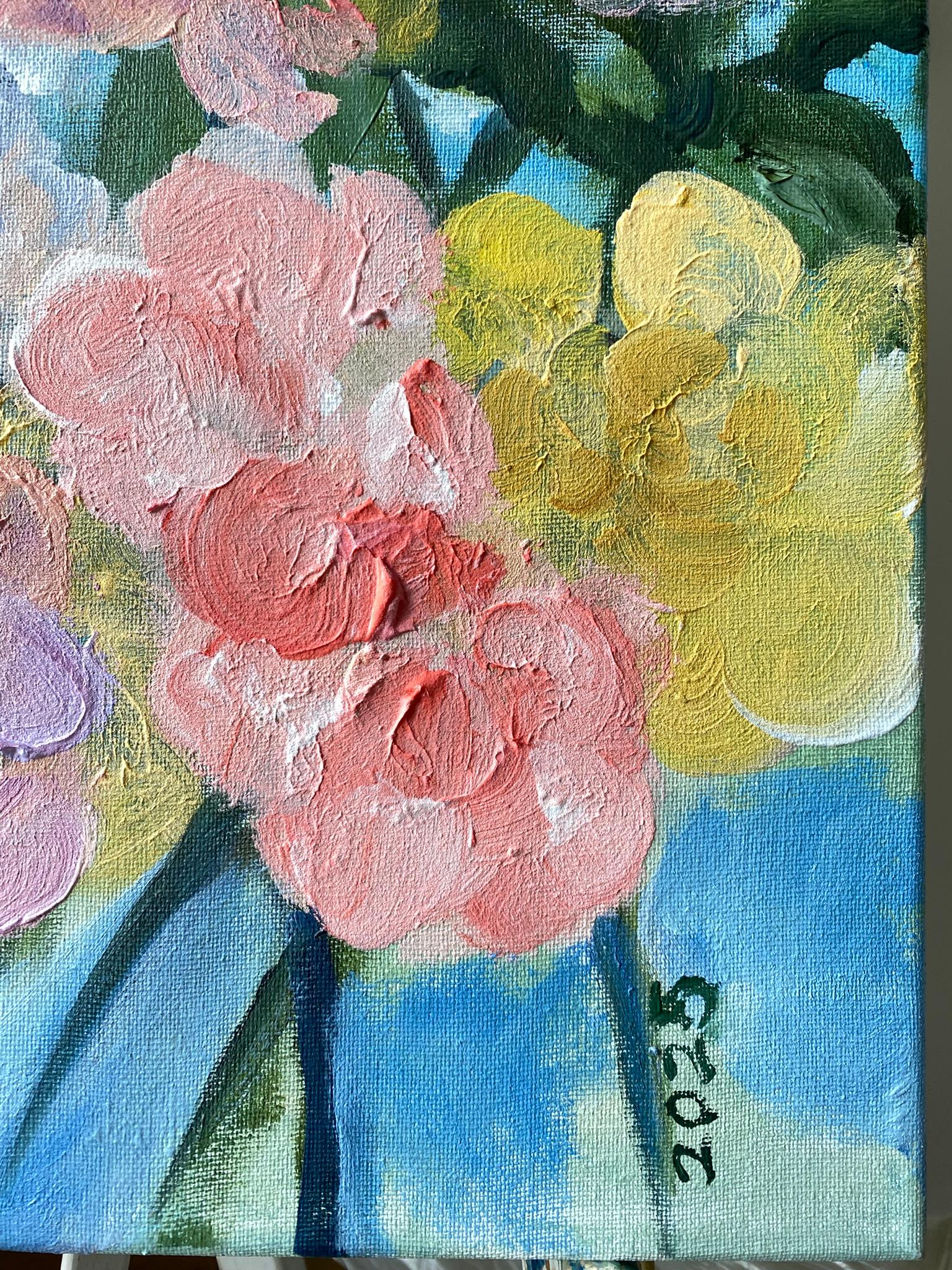 Originale-Summer Bloom Series-Artista britannico premiato-Impasto-oil-plein air garden in vendita 1