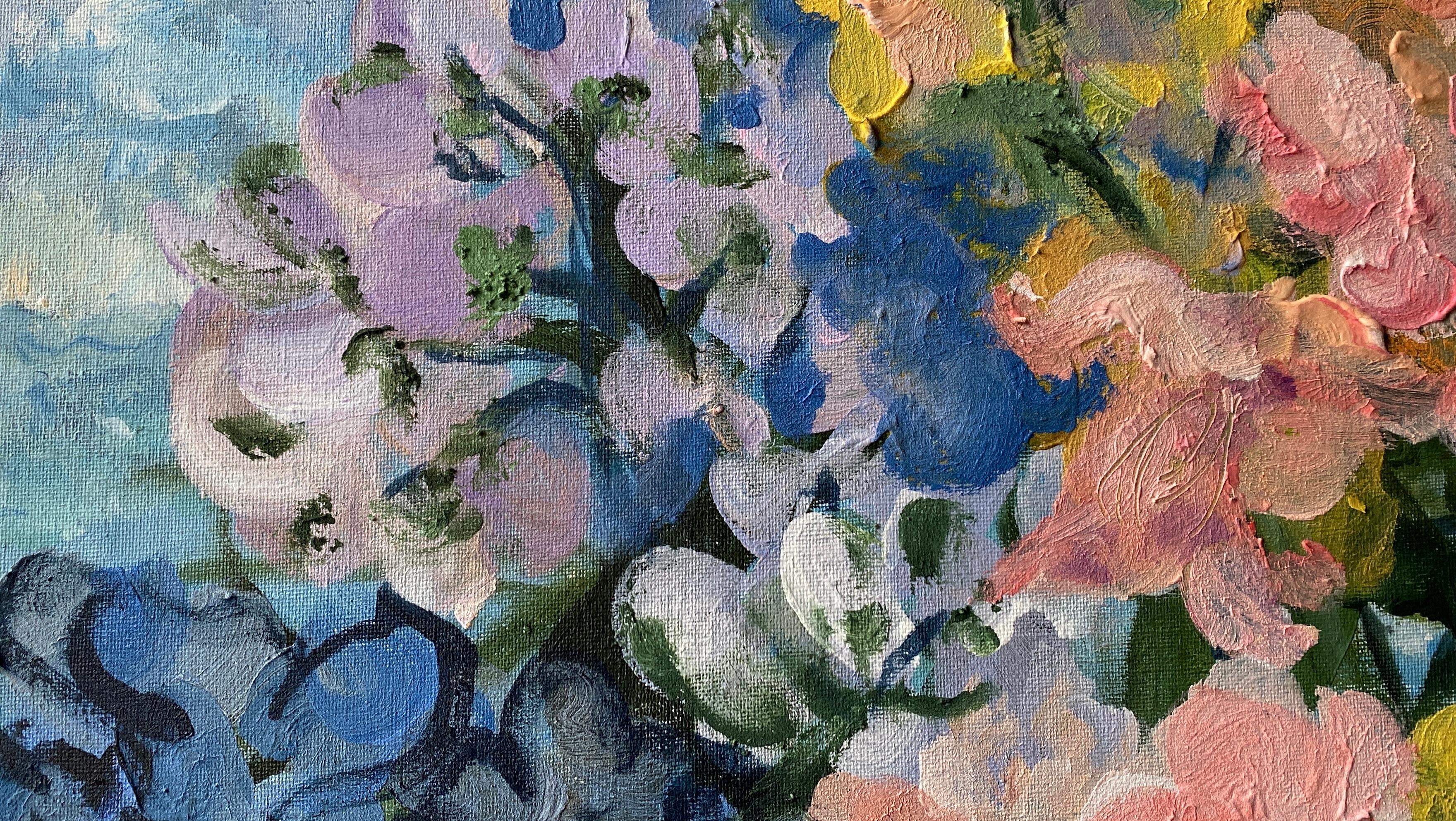 Originale-Summer Bloom Series-Artista britannico premiato-Impasto-oil-plein air garden in vendita 5