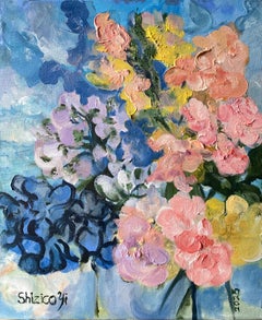Originale-Summer Bloom Series-Artista britannico premiato-Impasto-oil-plein air garden