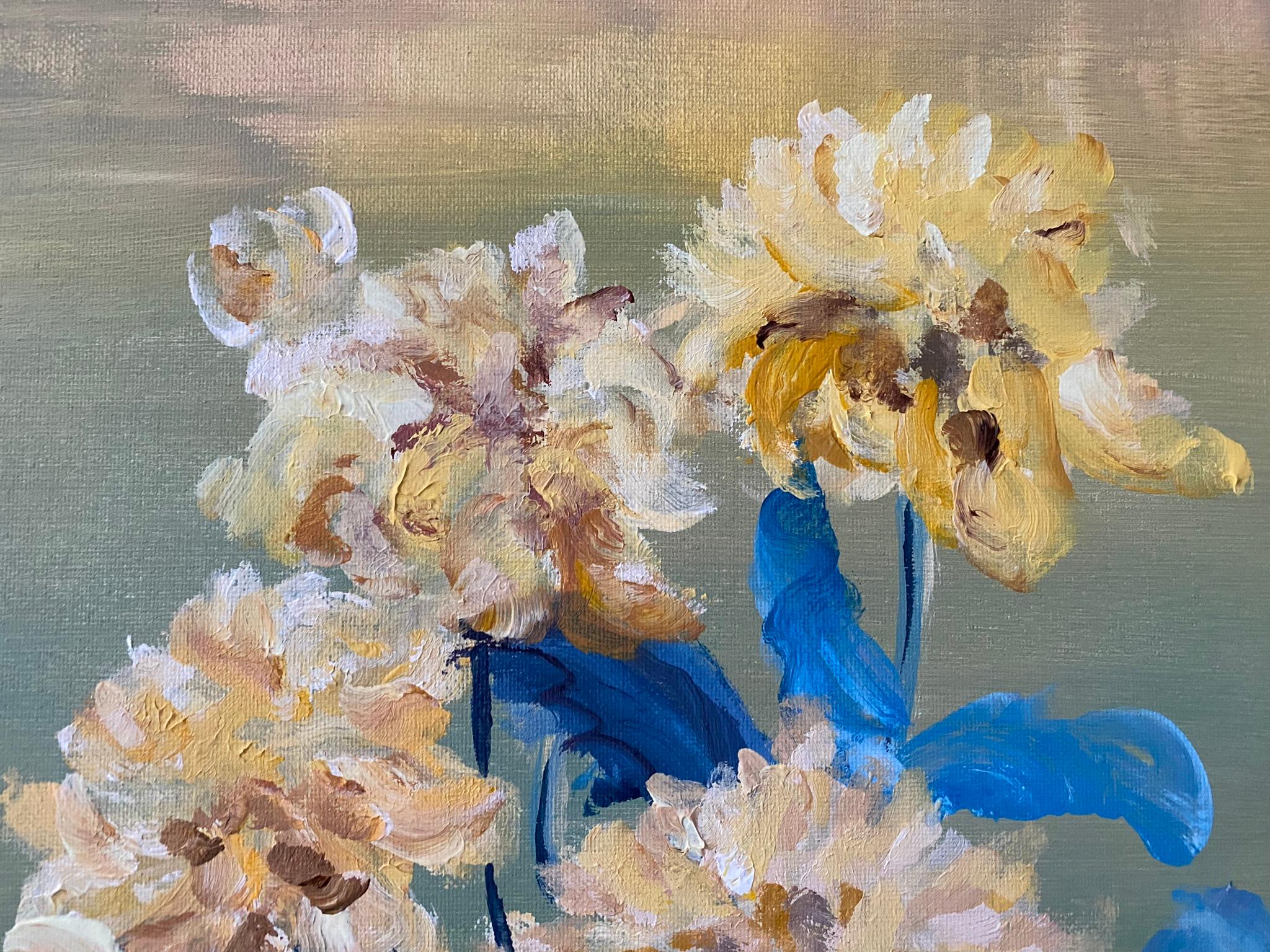 Original-Yellow Dahlias in Blue-Abstract-Expression-British school- UK Artist For Sale 13