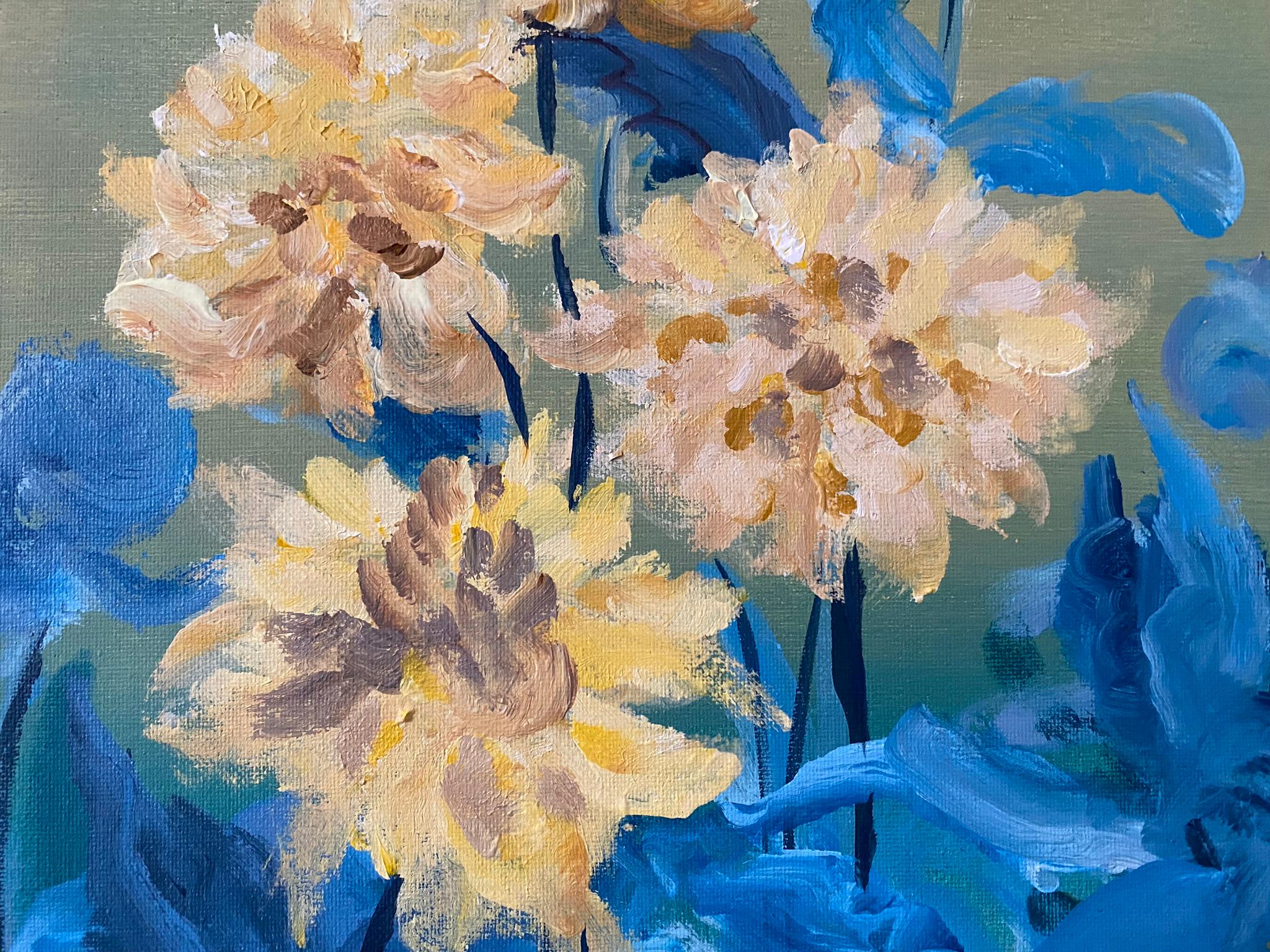 Original-Yellow Dahlias in Blue-Abstract-Expression-British school- UK Artist For Sale 7
